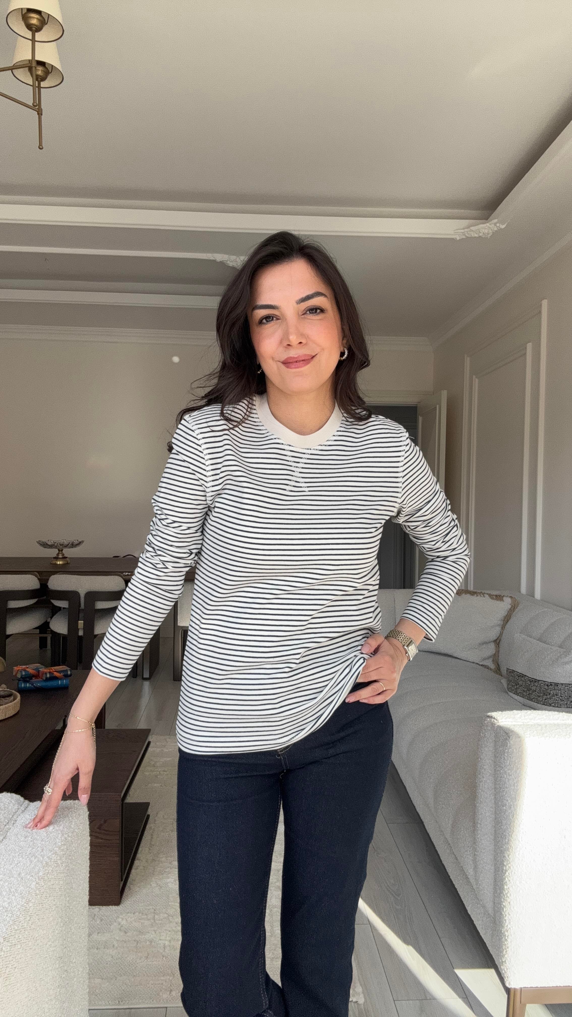 Massi Çizgili Sweat - Bej & Laci