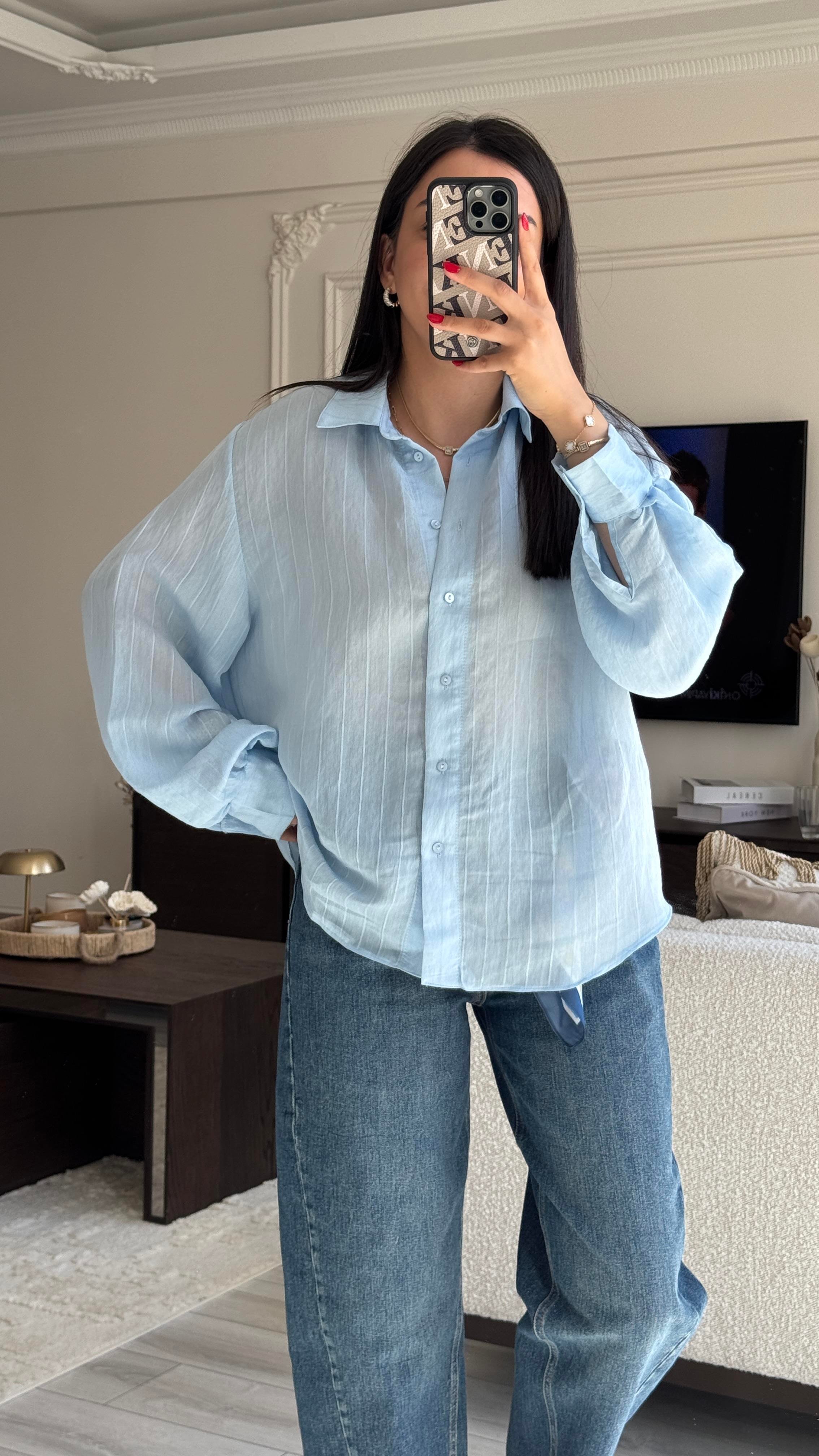 Mavi Çizgili Oversize Gömlek 