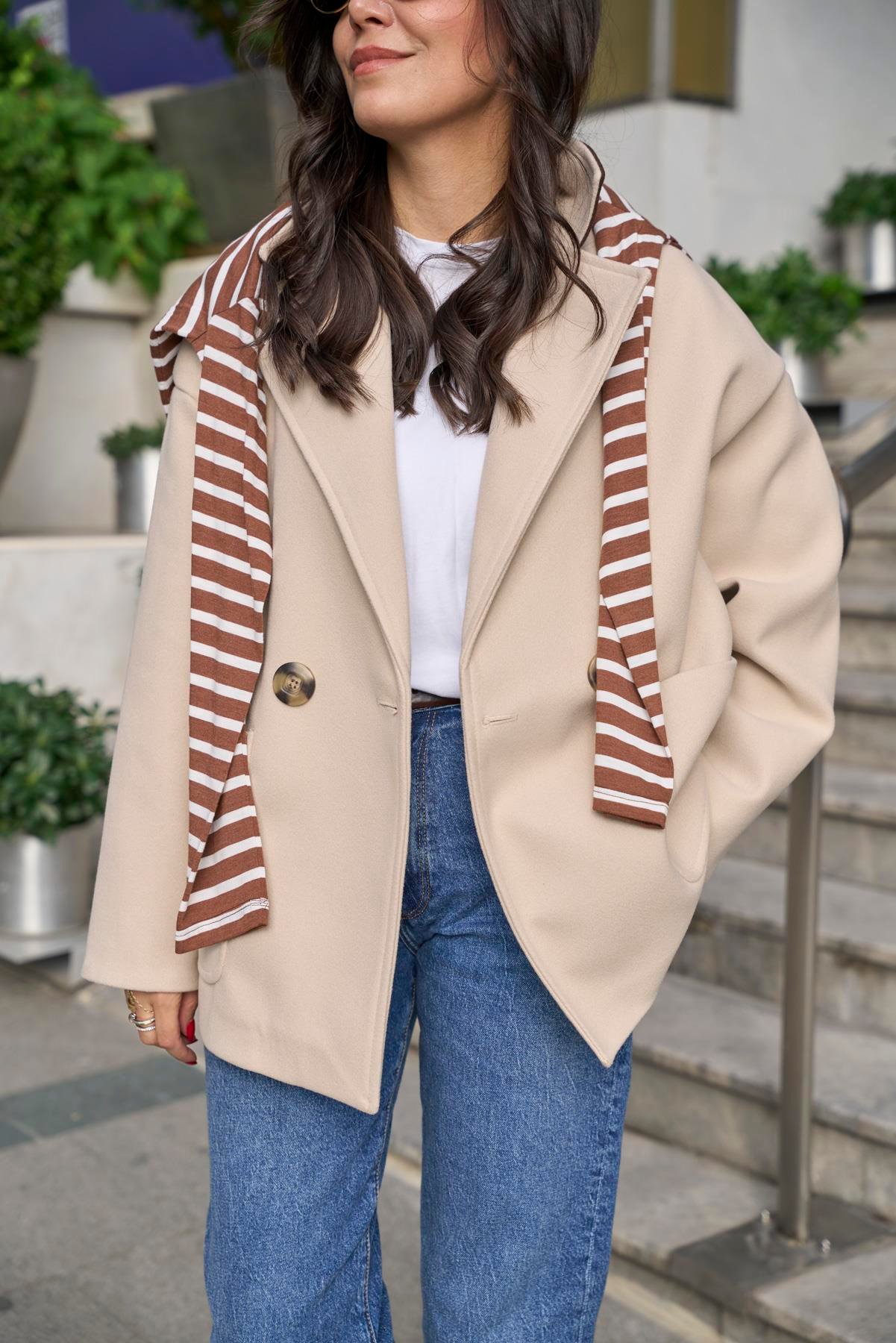 Oversize Kaşe Palto - Bej 