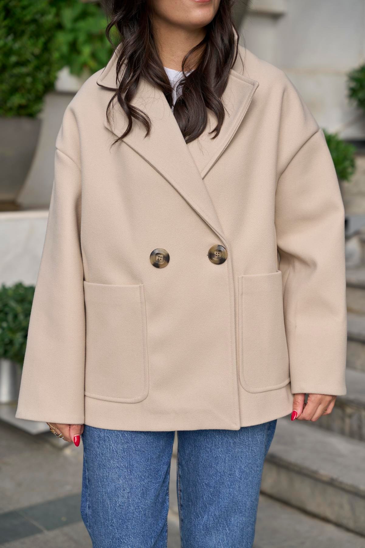 Oversize Kaşe Palto - Bej 