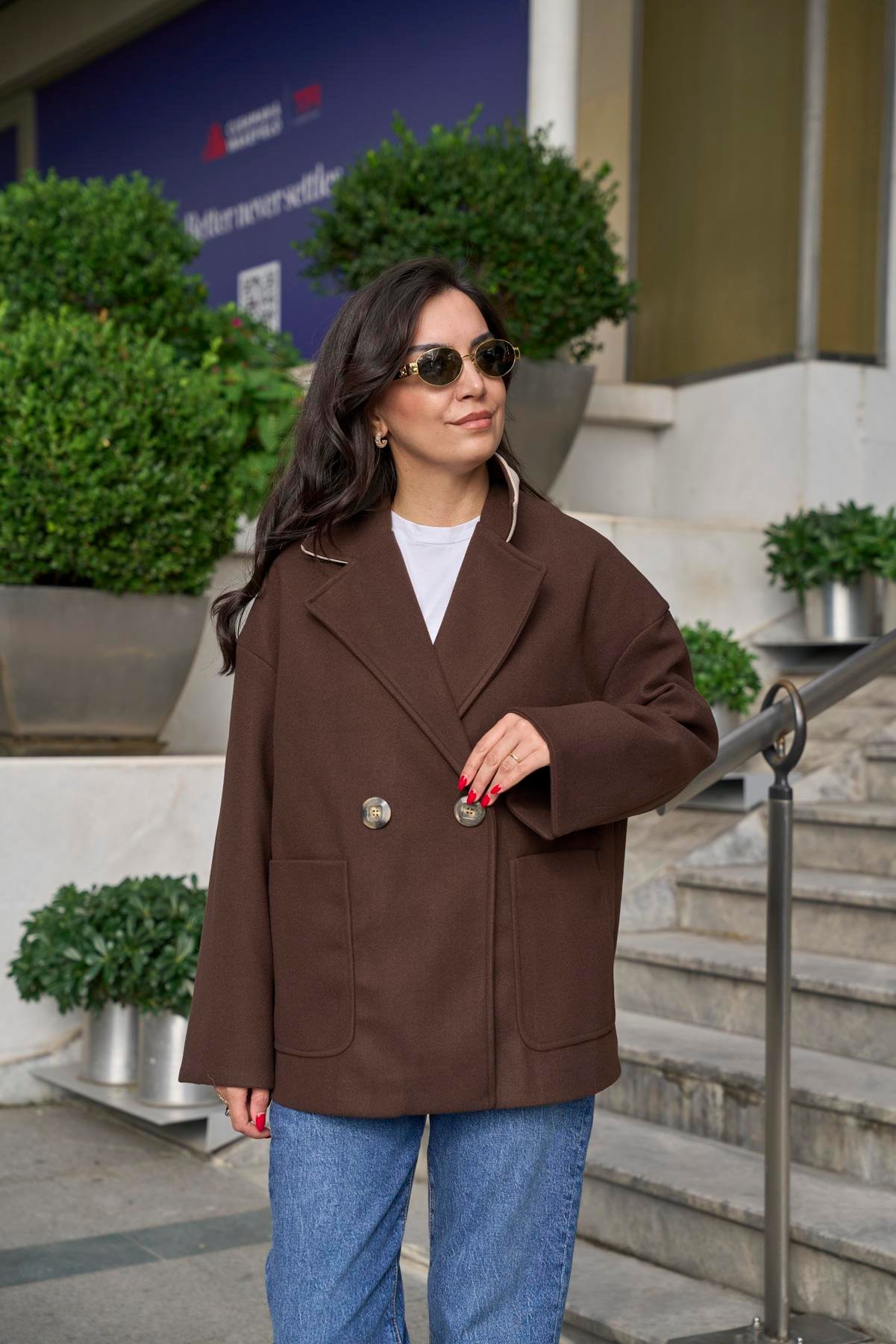 Oversize Kaşe Palto - Kahverengi