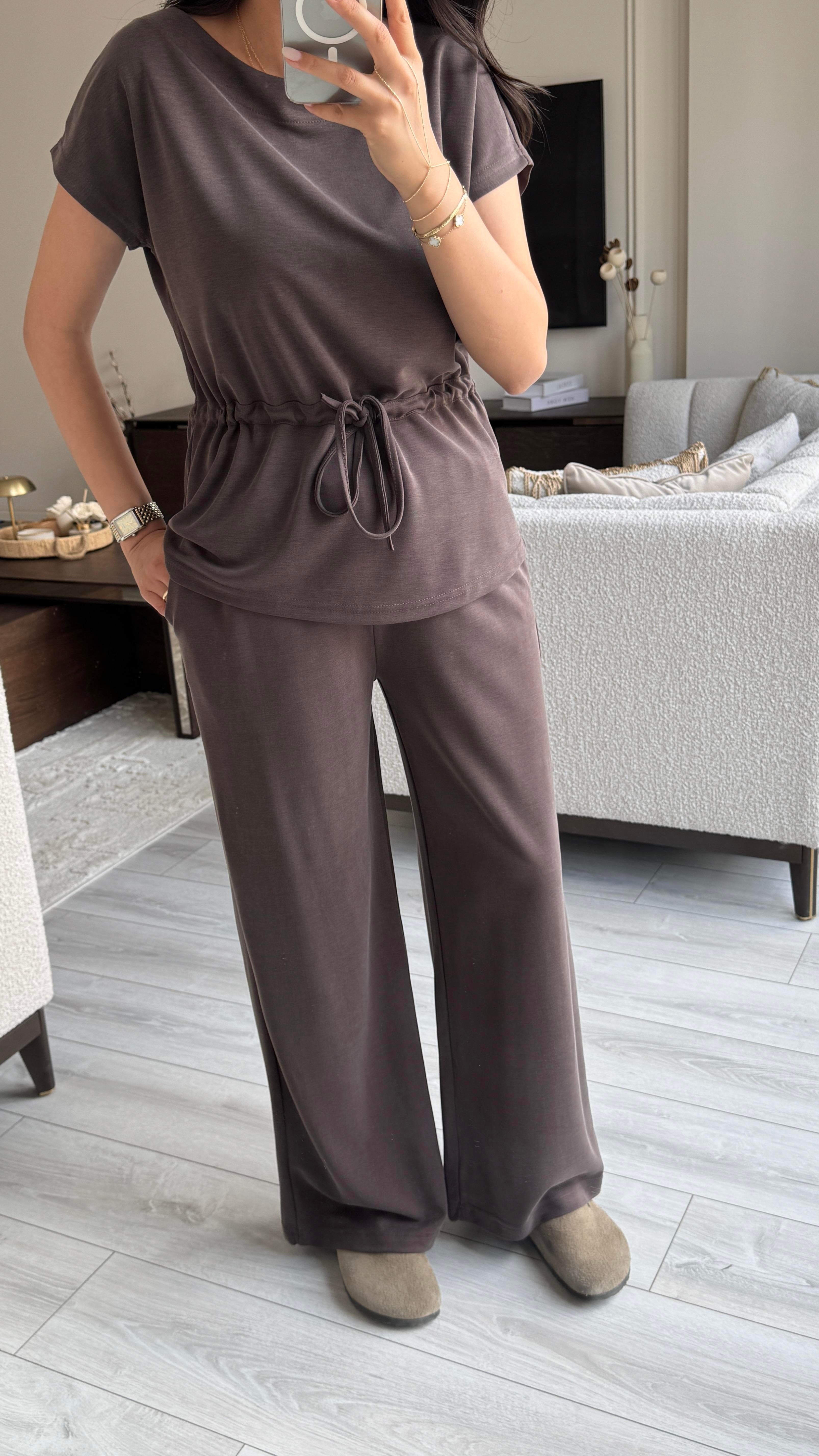 Oysh Beli Büzgülü Takım - Kahverengi 