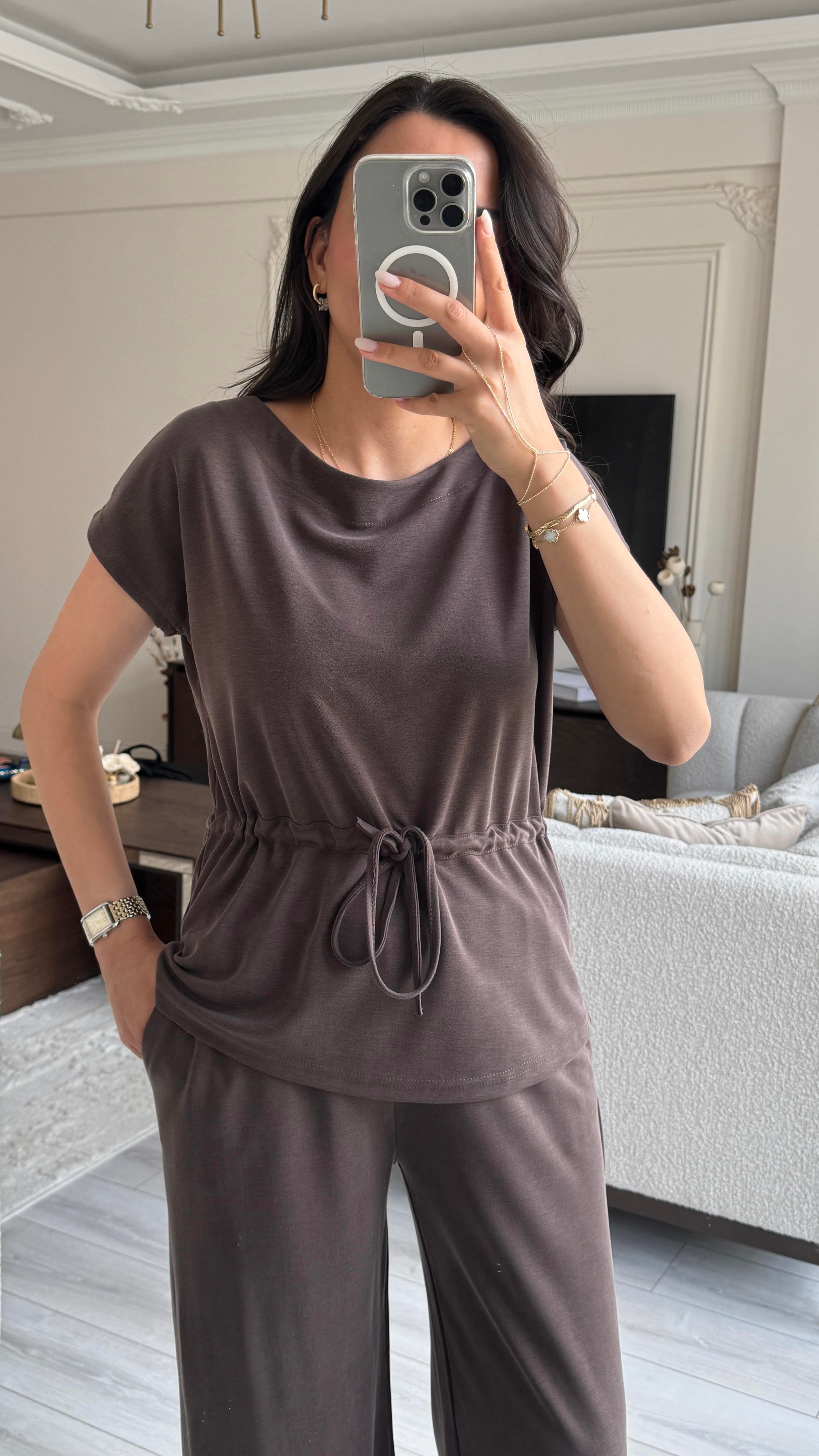 Oysh Beli Büzgülü Takım - Kahverengi 