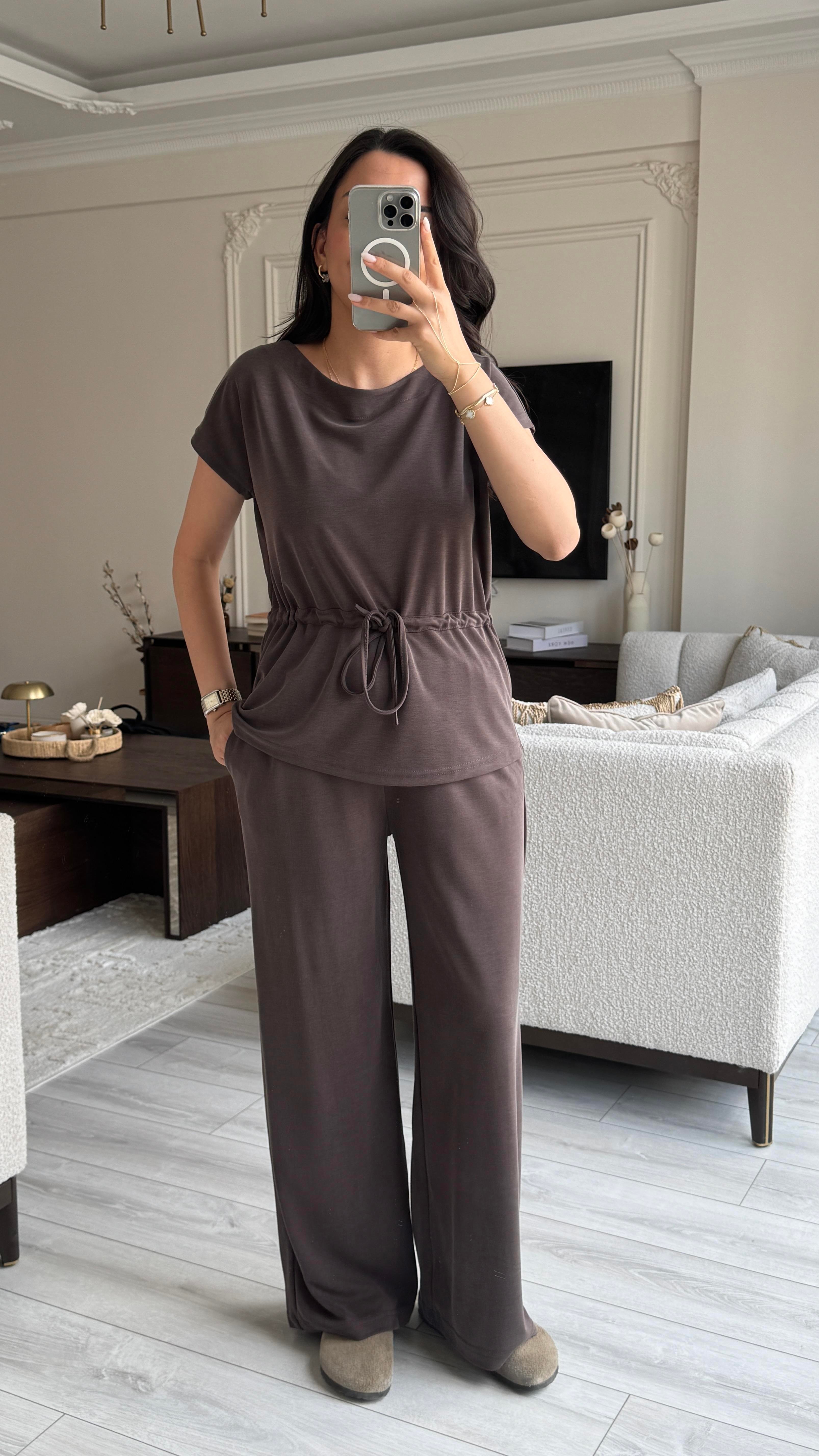 Oysh Beli Büzgülü Takım - Kahverengi 