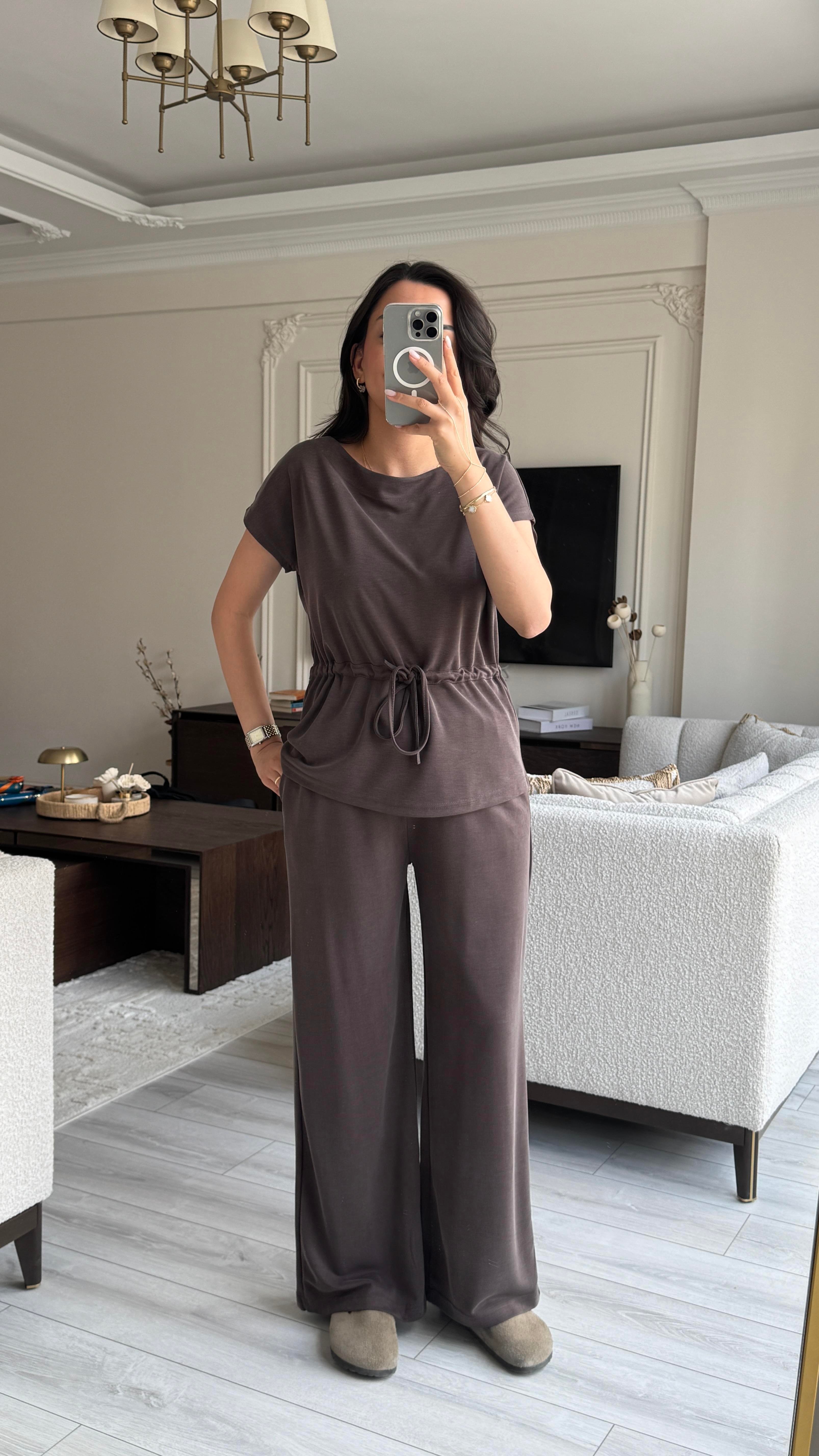 Oysh Beli Büzgülü Takım - Kahverengi 