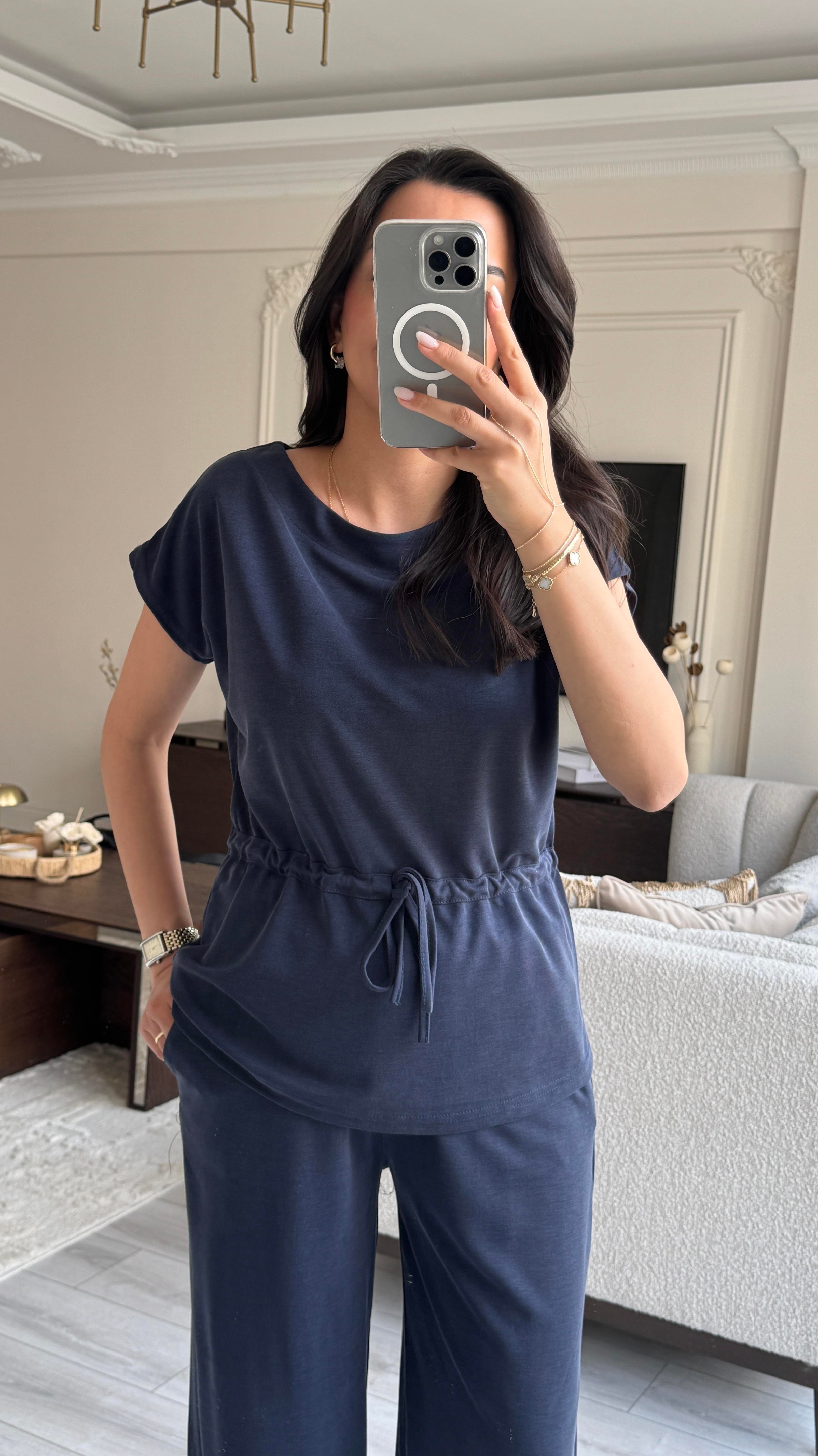 Oysh Beli Büzgülü Takım - Lacivert