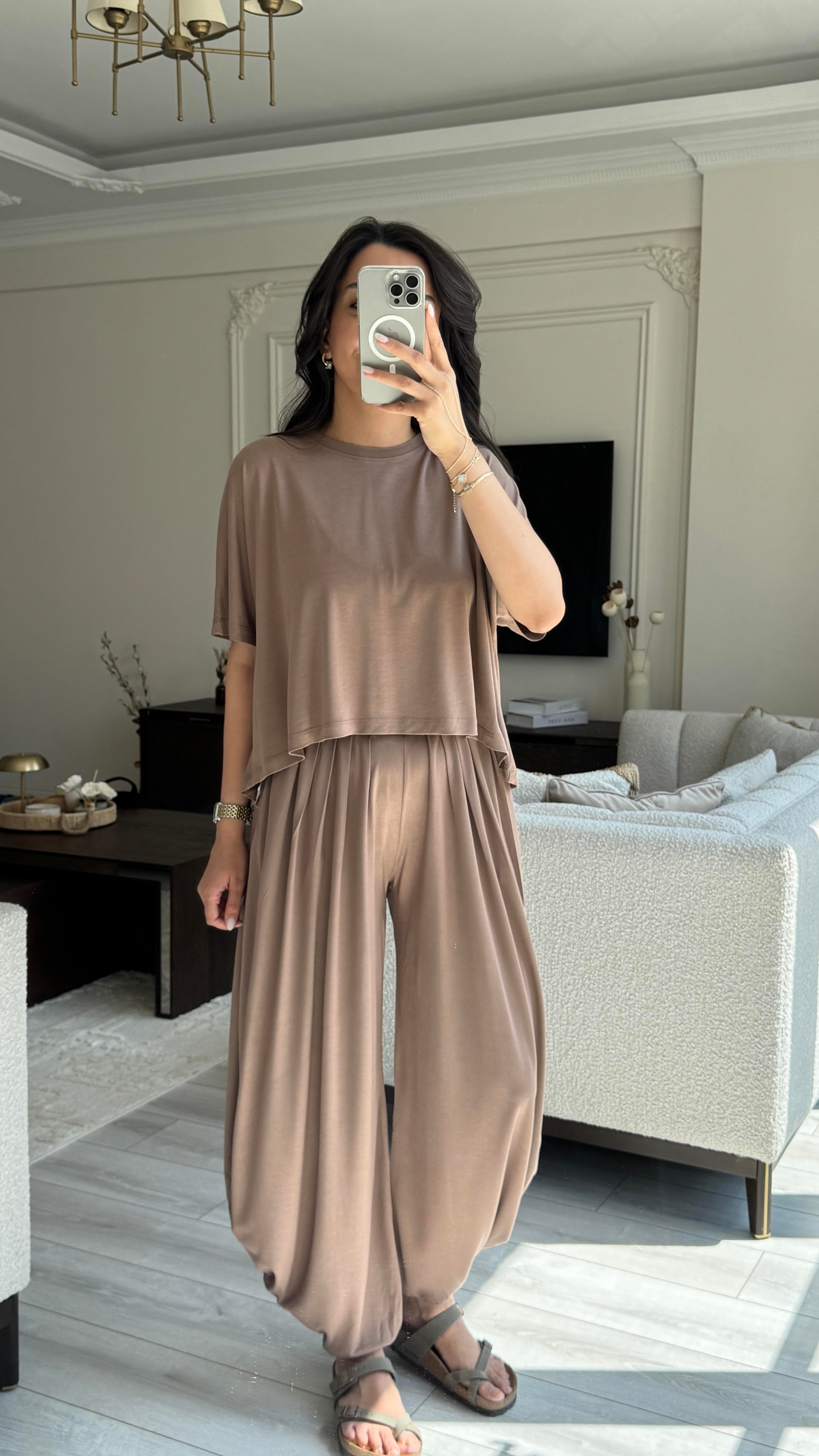 Oysh Kumaş Şalvar Takım - Vizon