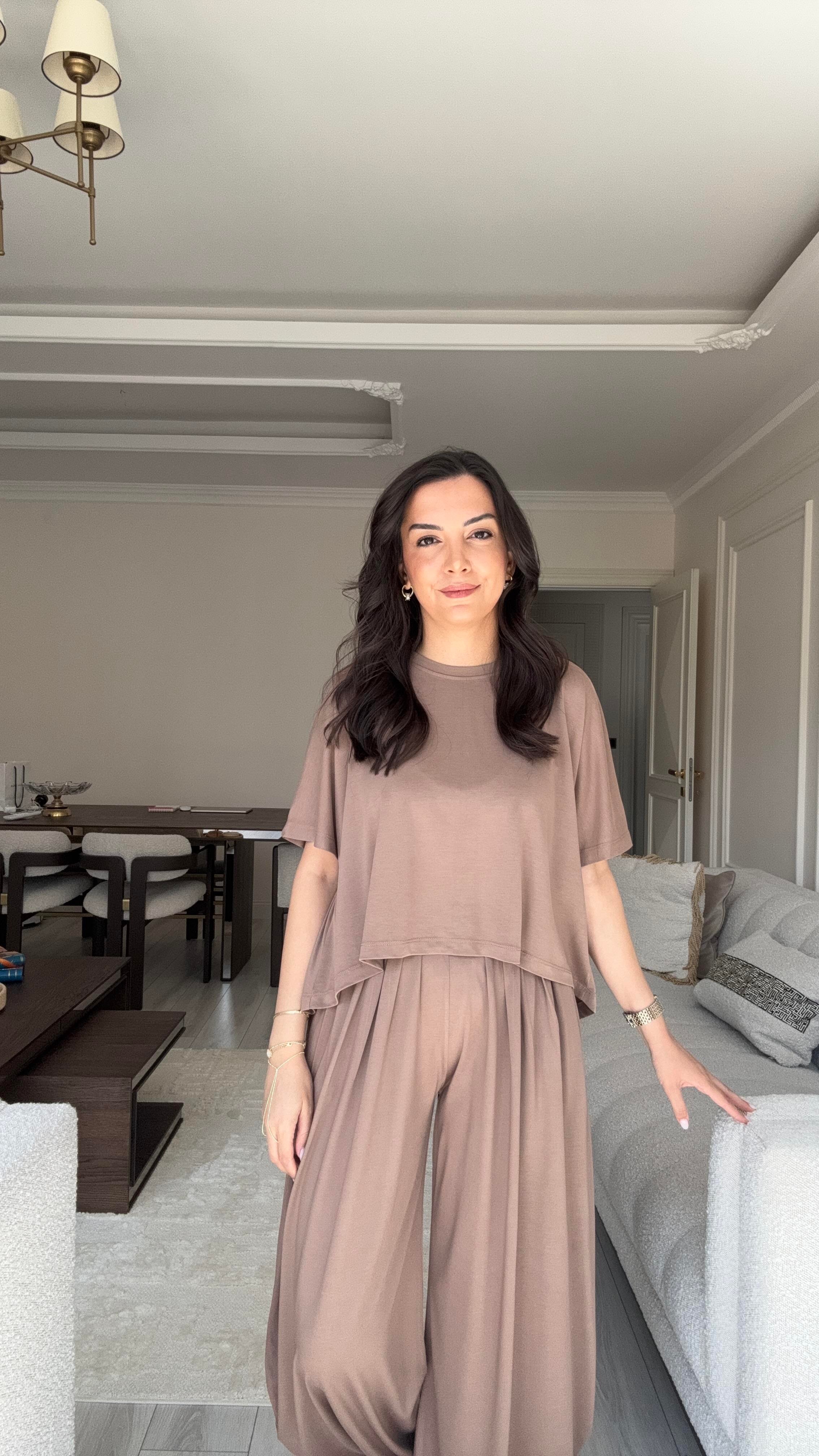 Oysh Kumaş Şalvar Takım - Vizon