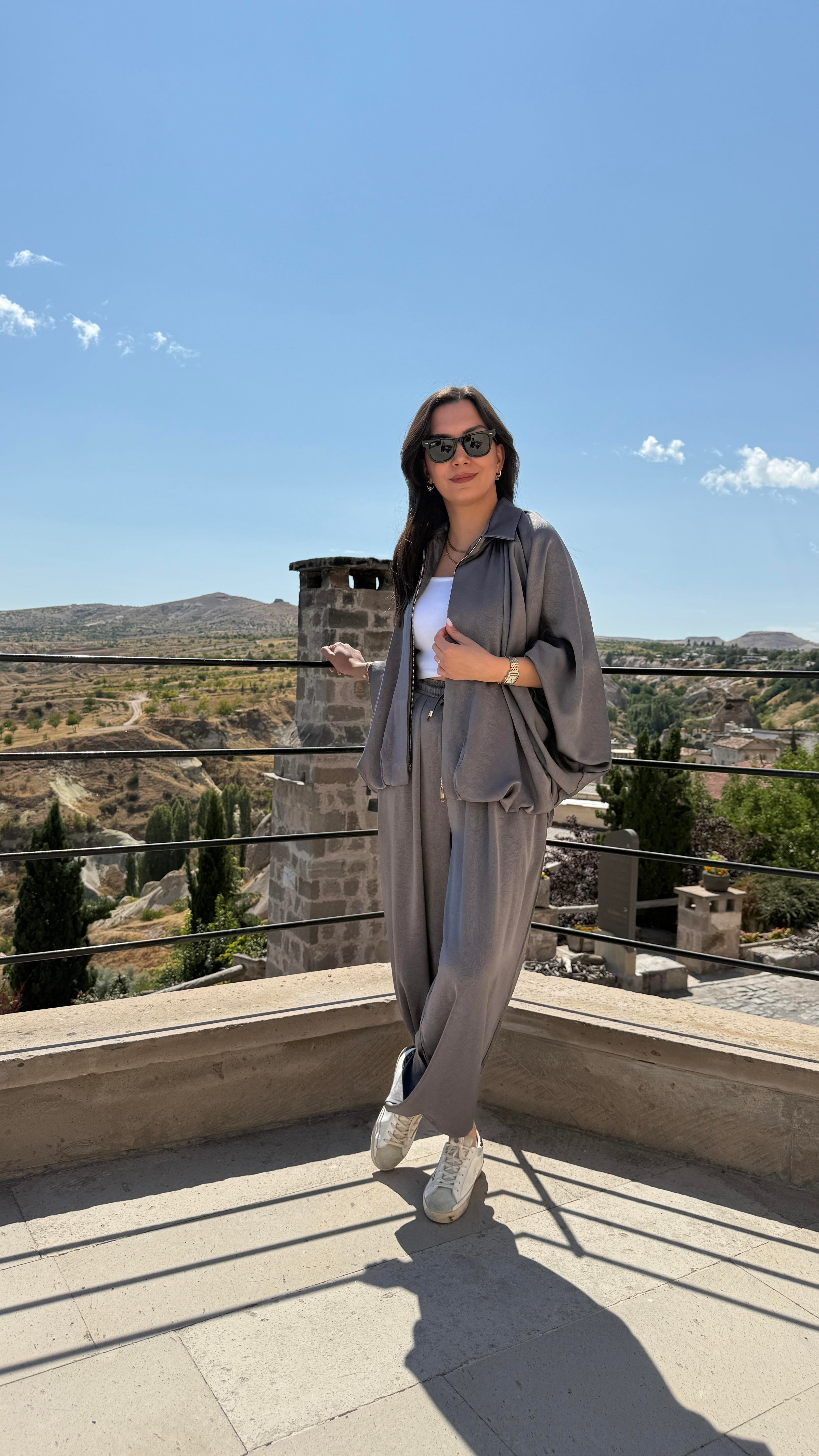 Saten Bomber Ceket Takım - Gri 