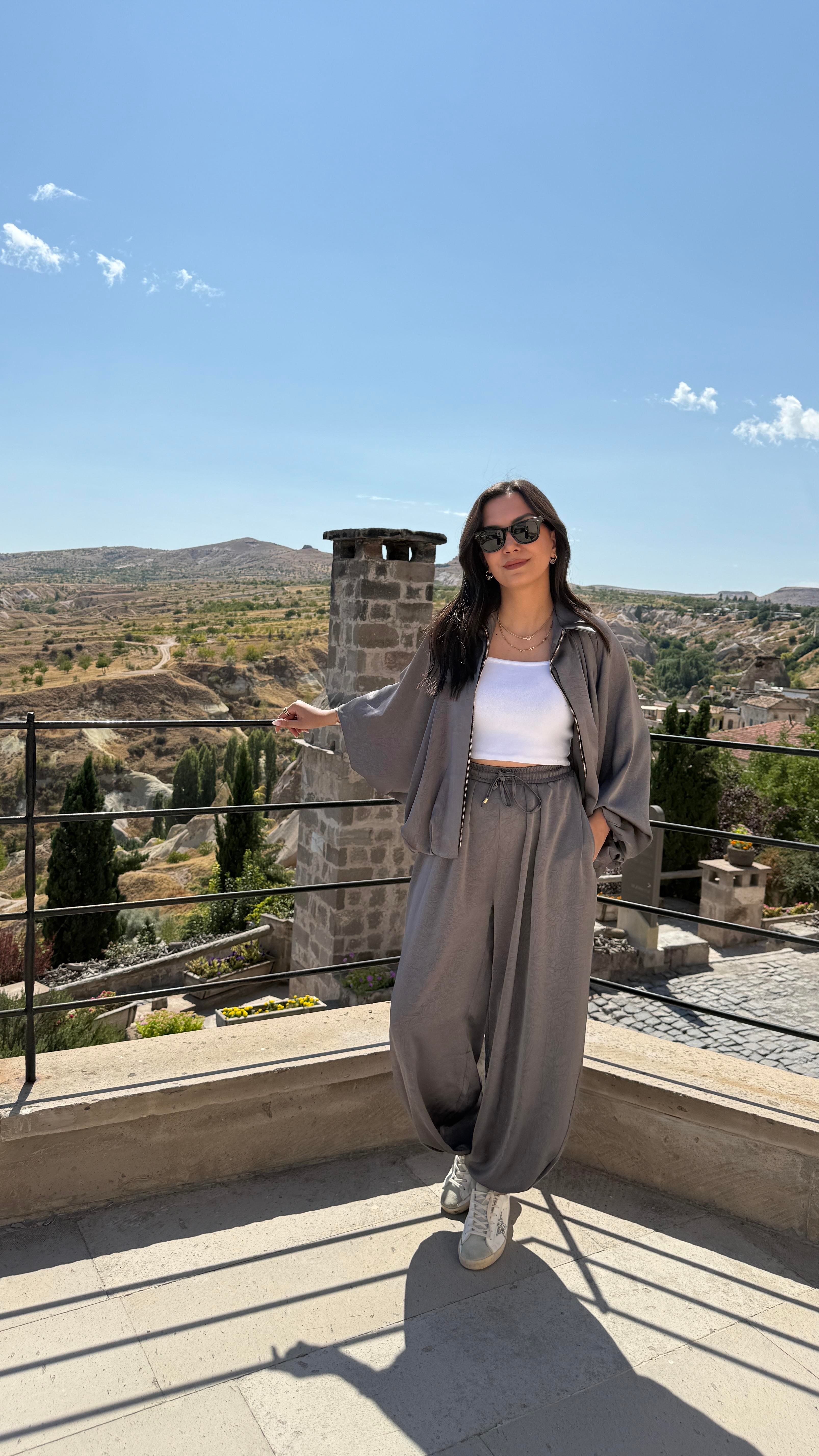 Saten Bomber Ceket Takım - Gri 