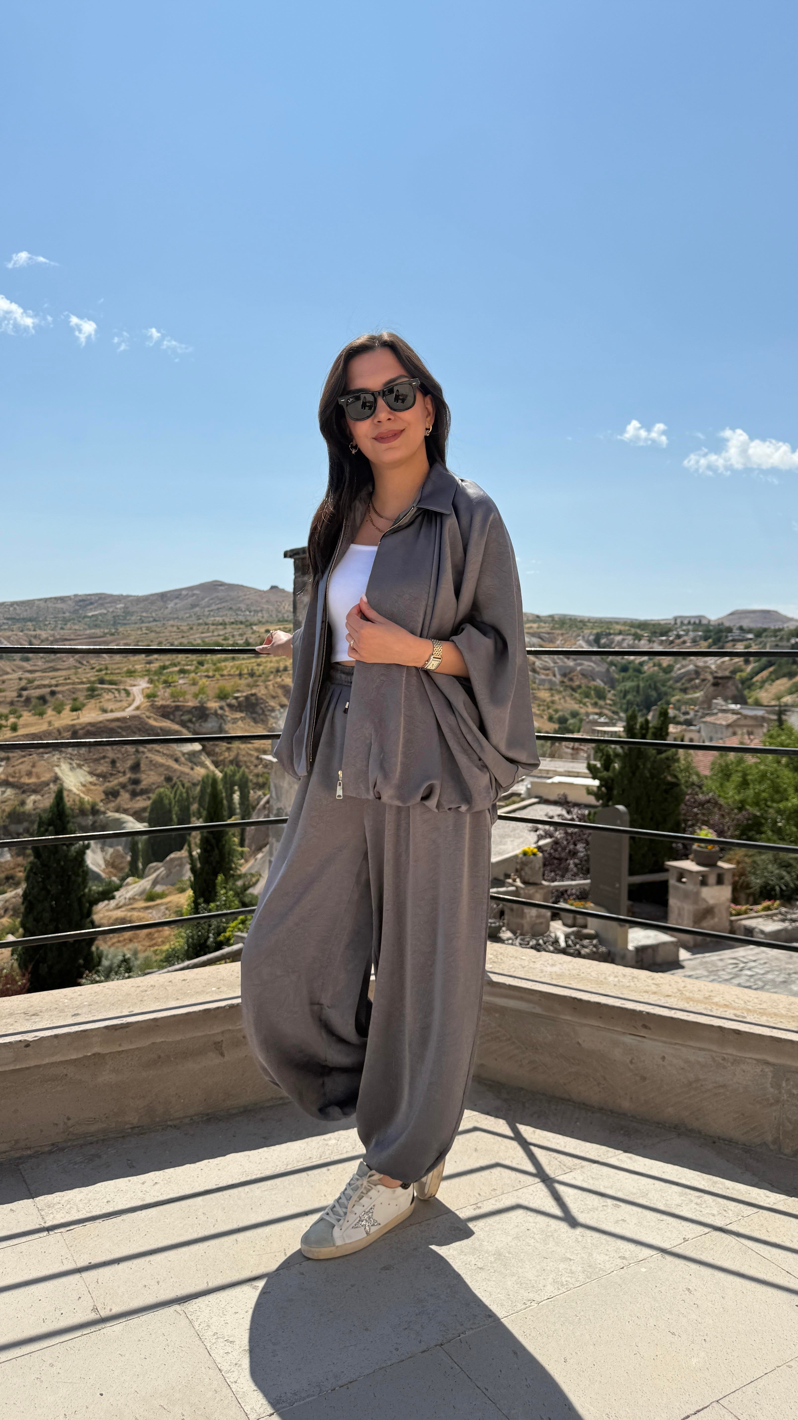 Saten Bomber Ceket Takım - Gri 