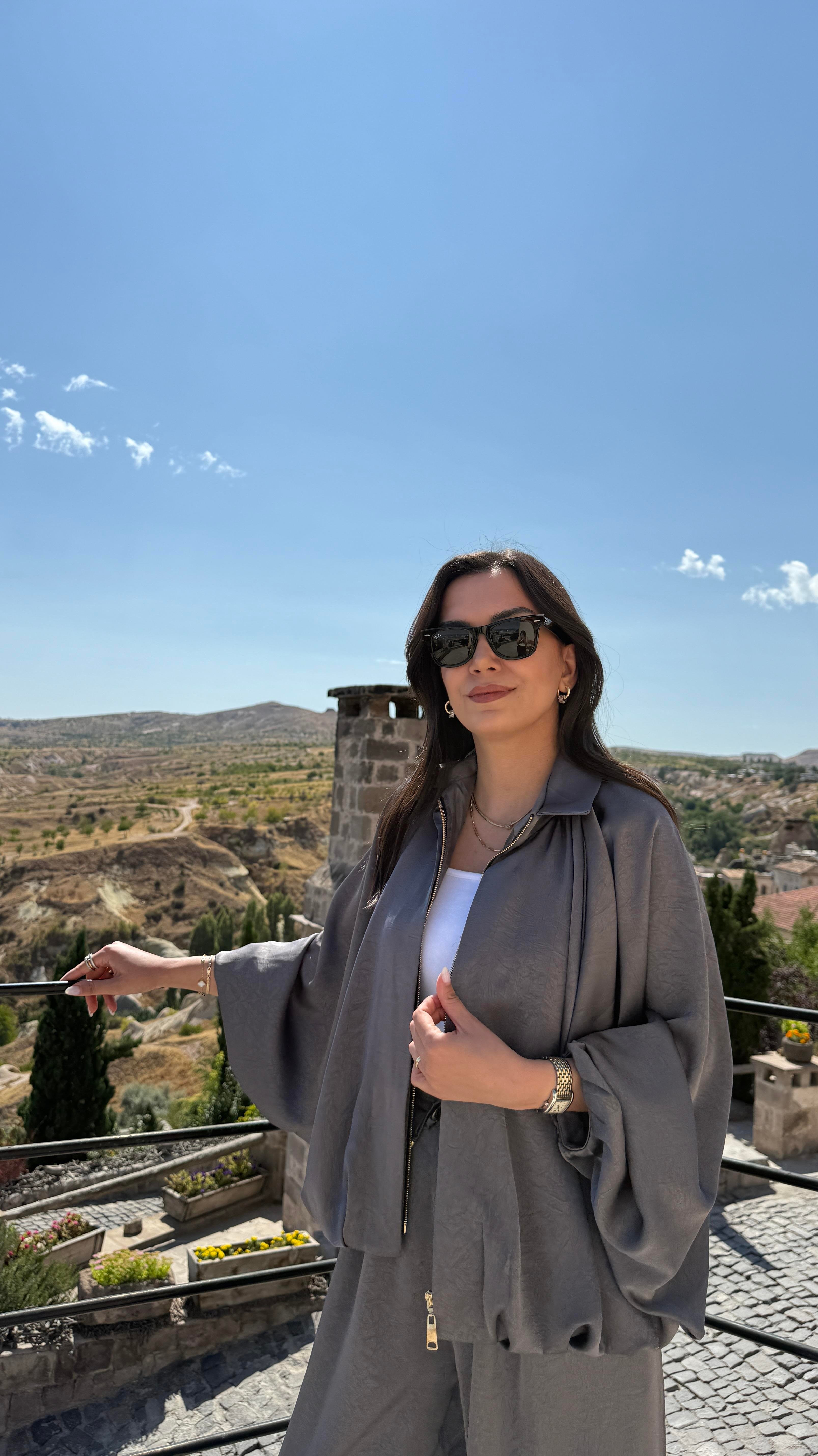 Saten Bomber Ceket Takım - Gri 