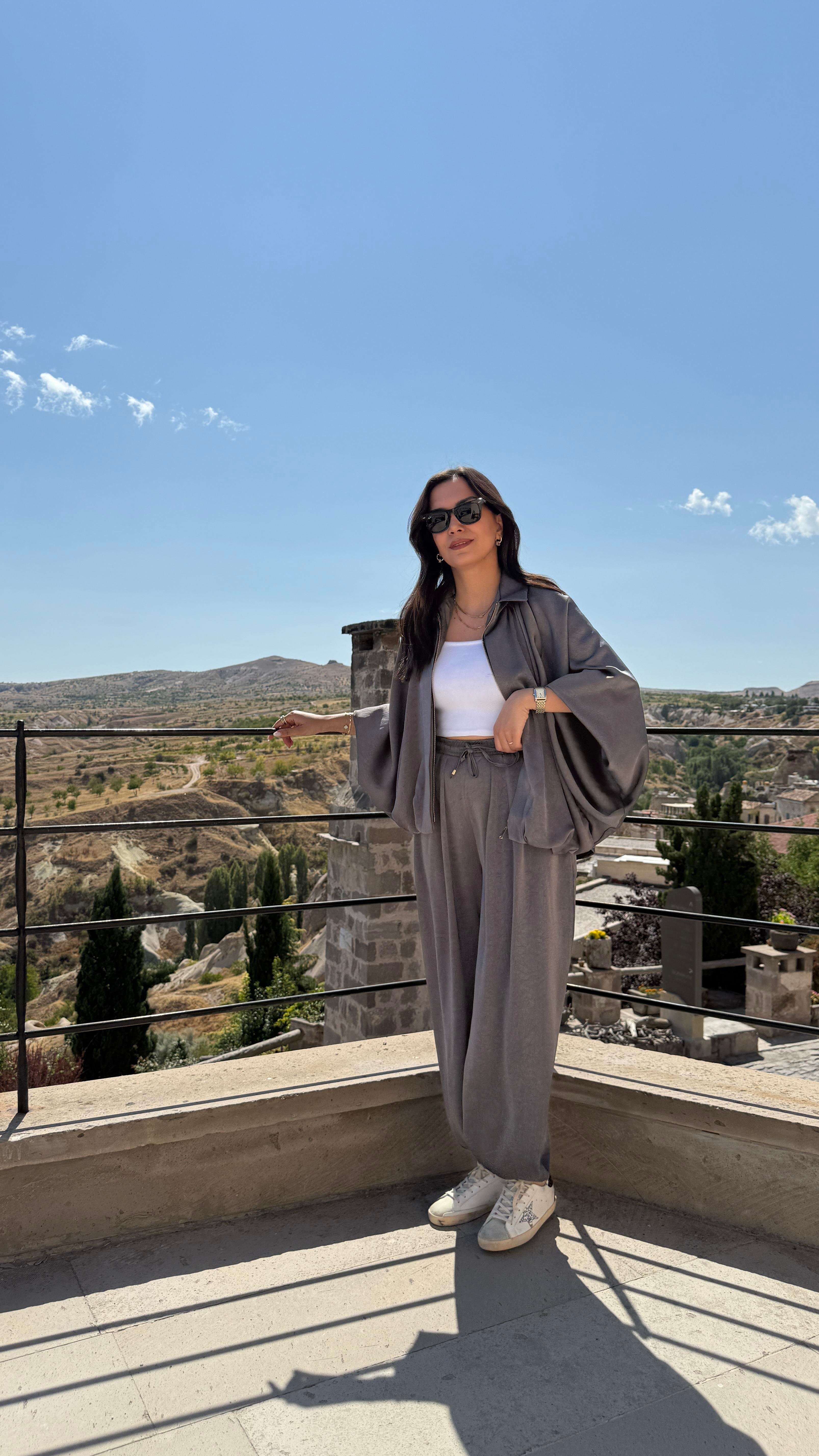 Saten Bomber Ceket Takım - Gri 