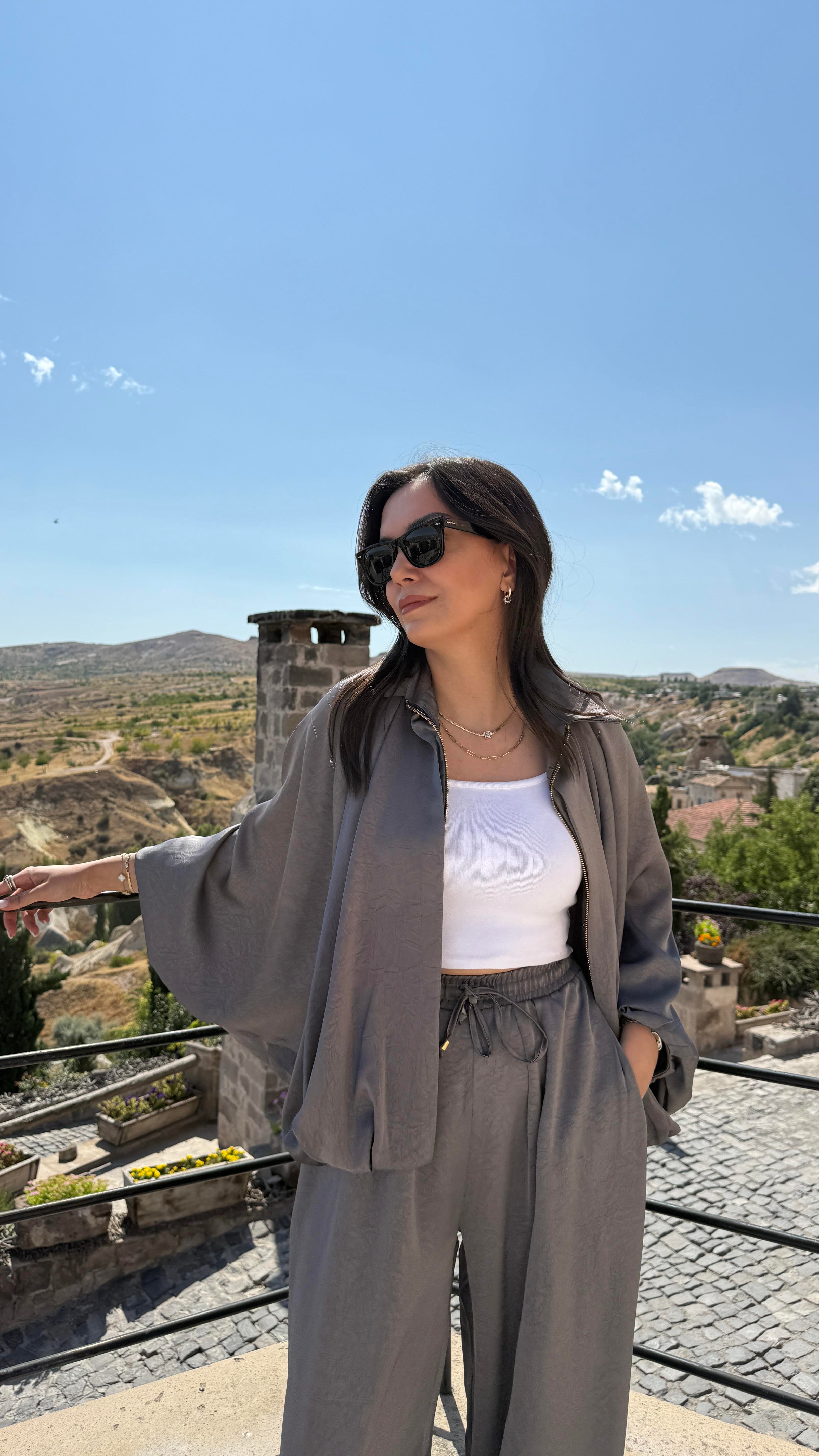 Saten Bomber Ceket Takım - Gri 