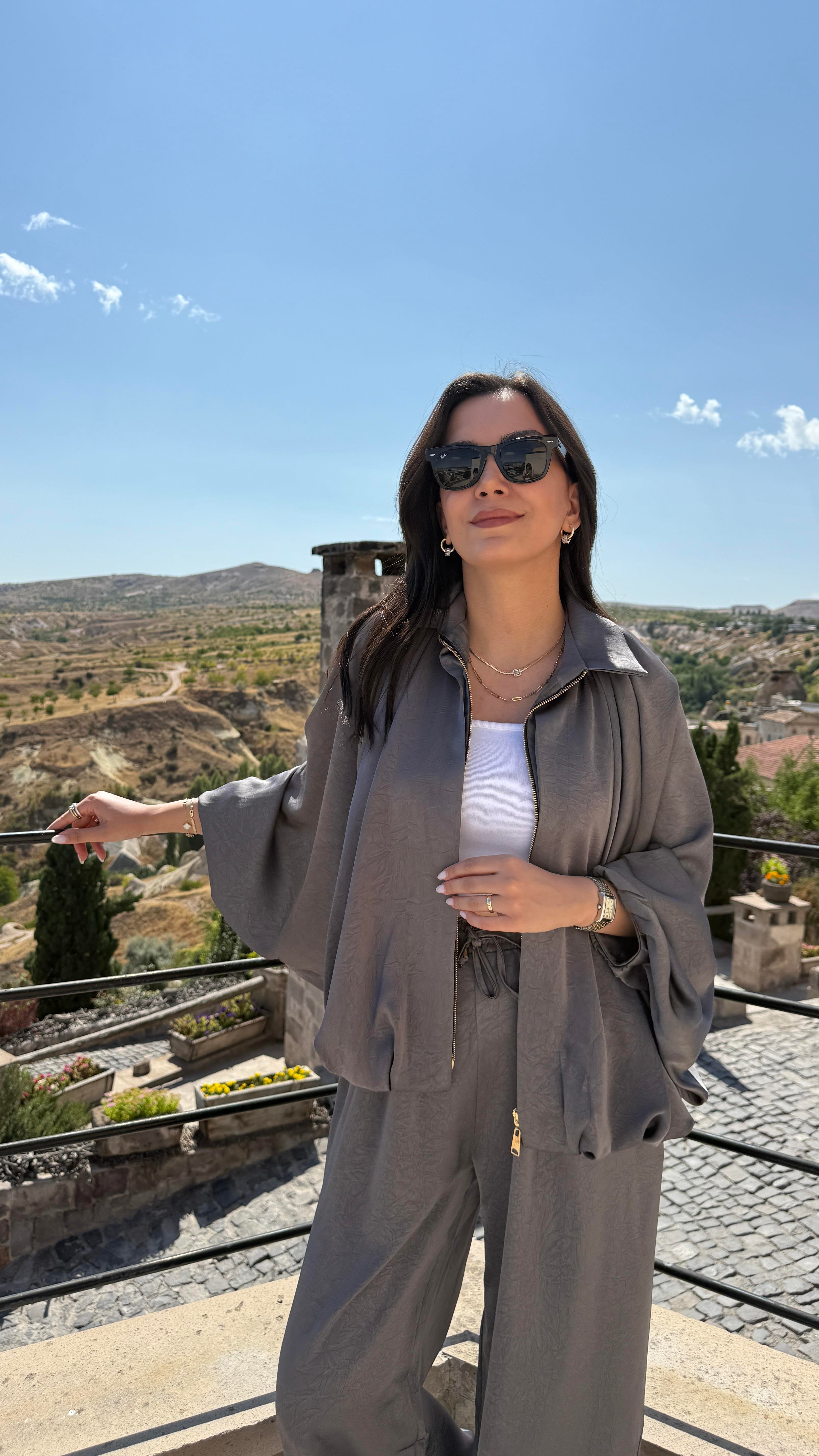 Saten Bomber Ceket Takım - Gri 