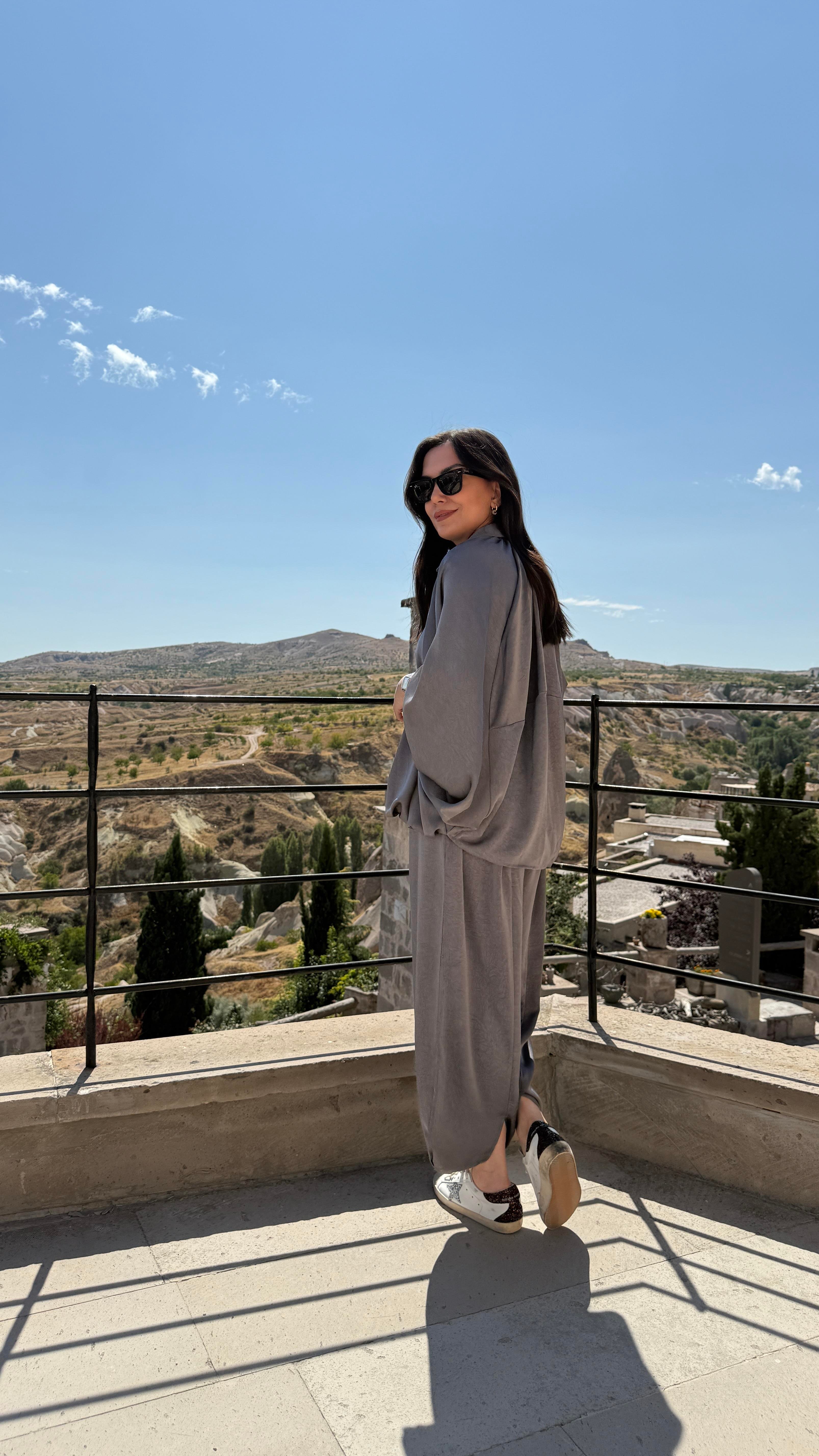 Saten Bomber Ceket Takım - Gri 