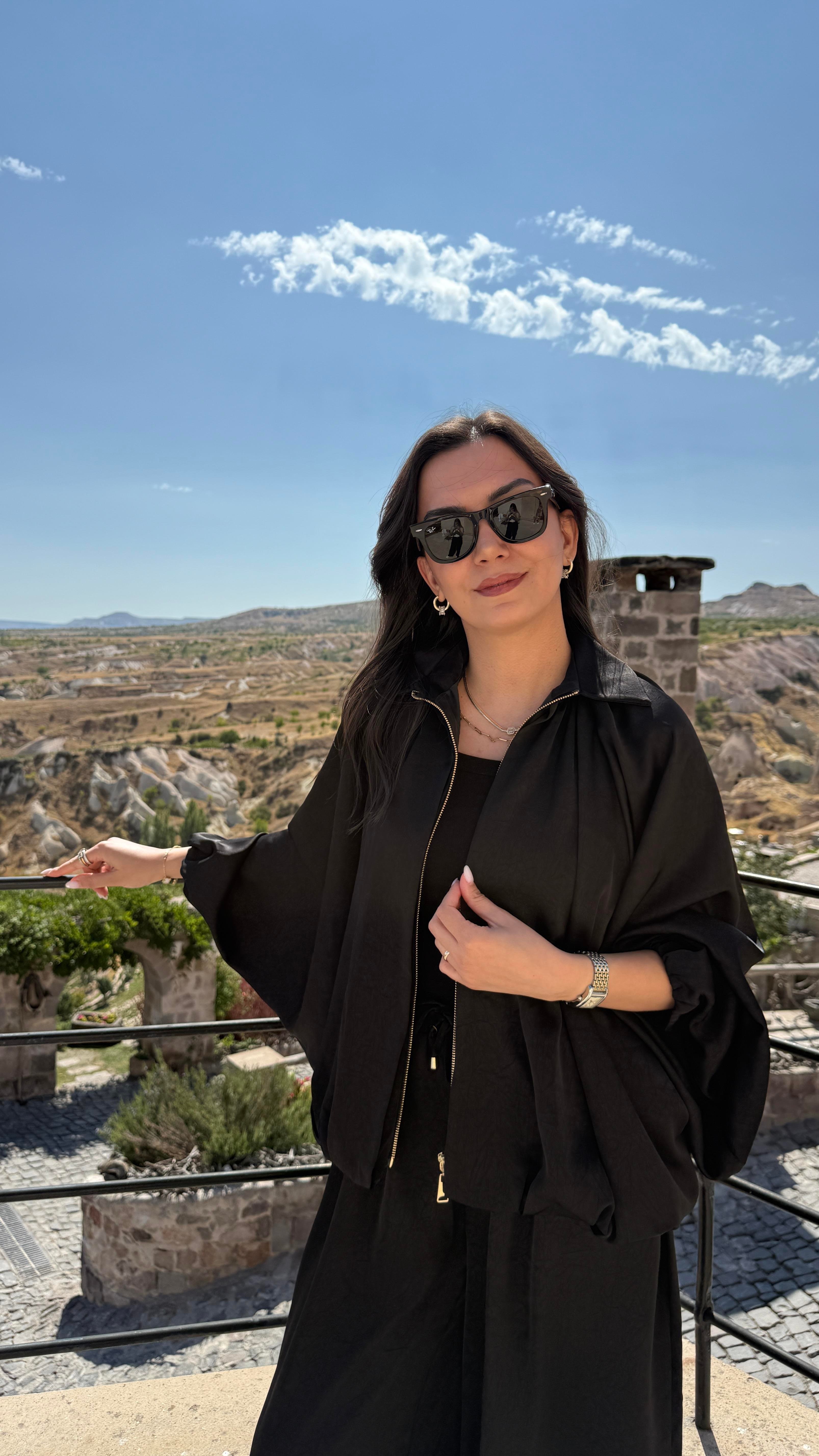 Saten Bomber Ceket Takım - Siyah 