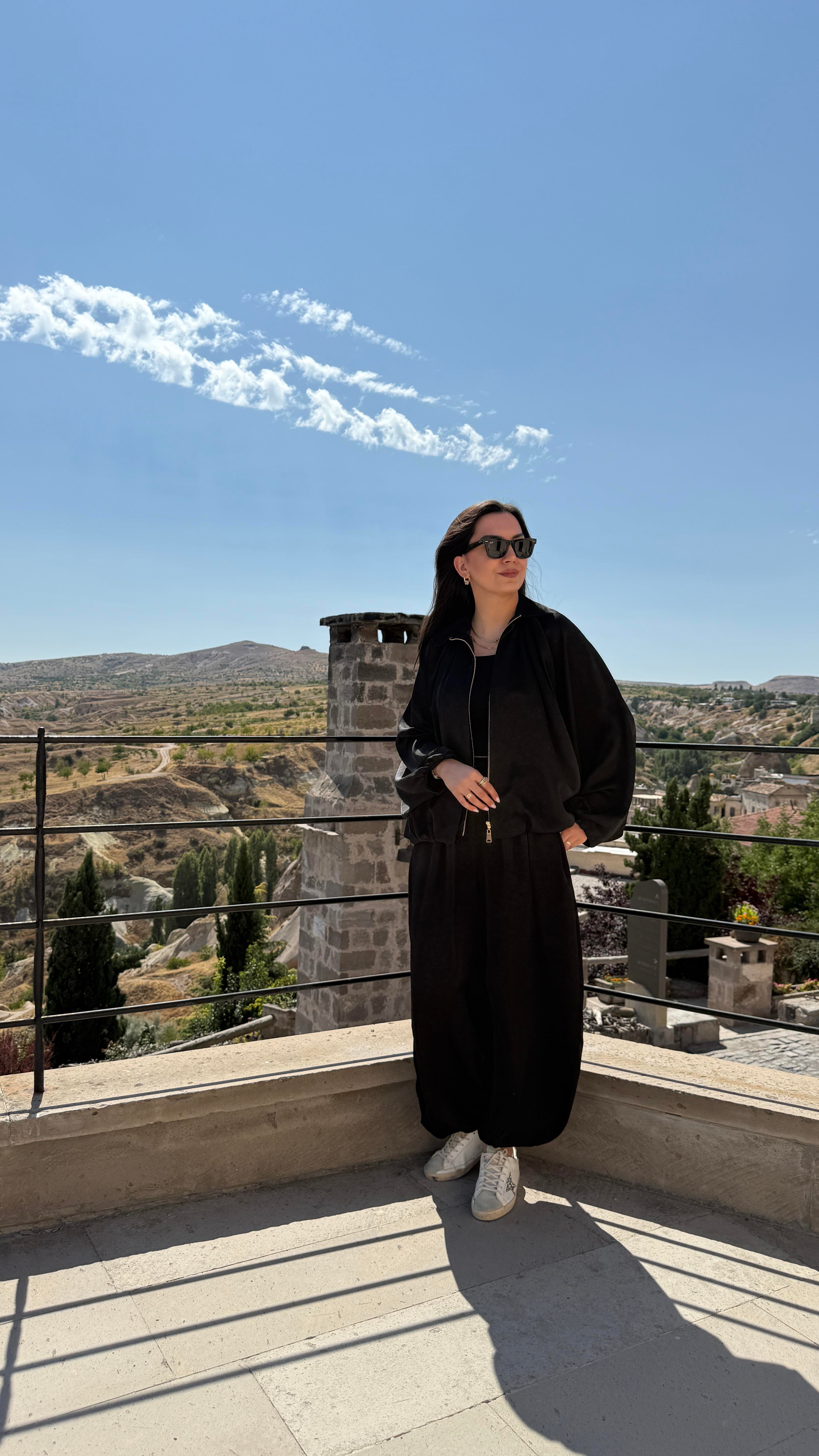 Saten Bomber Ceket Takım - Siyah 