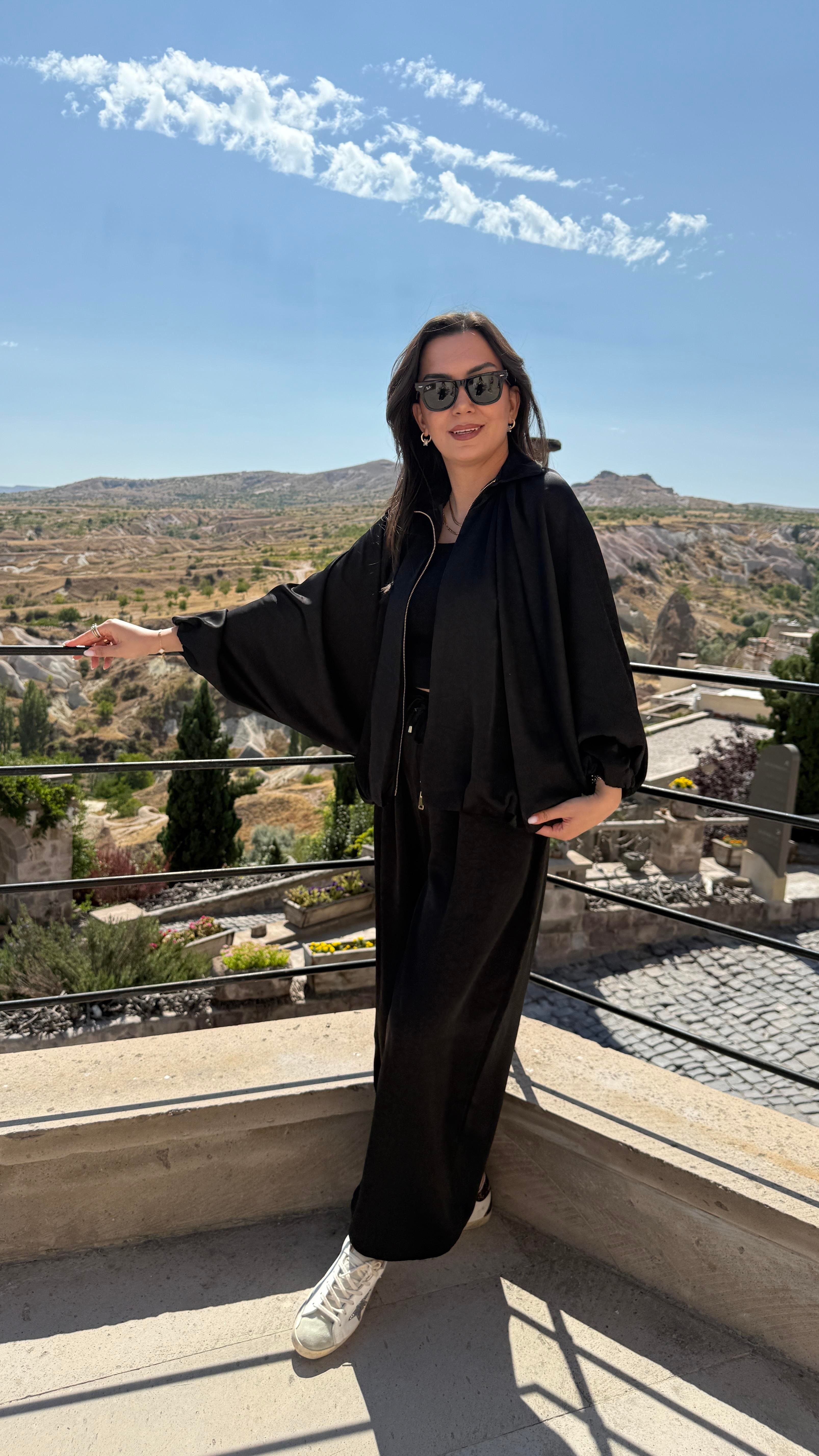 Saten Bomber Ceket Takım - Siyah 