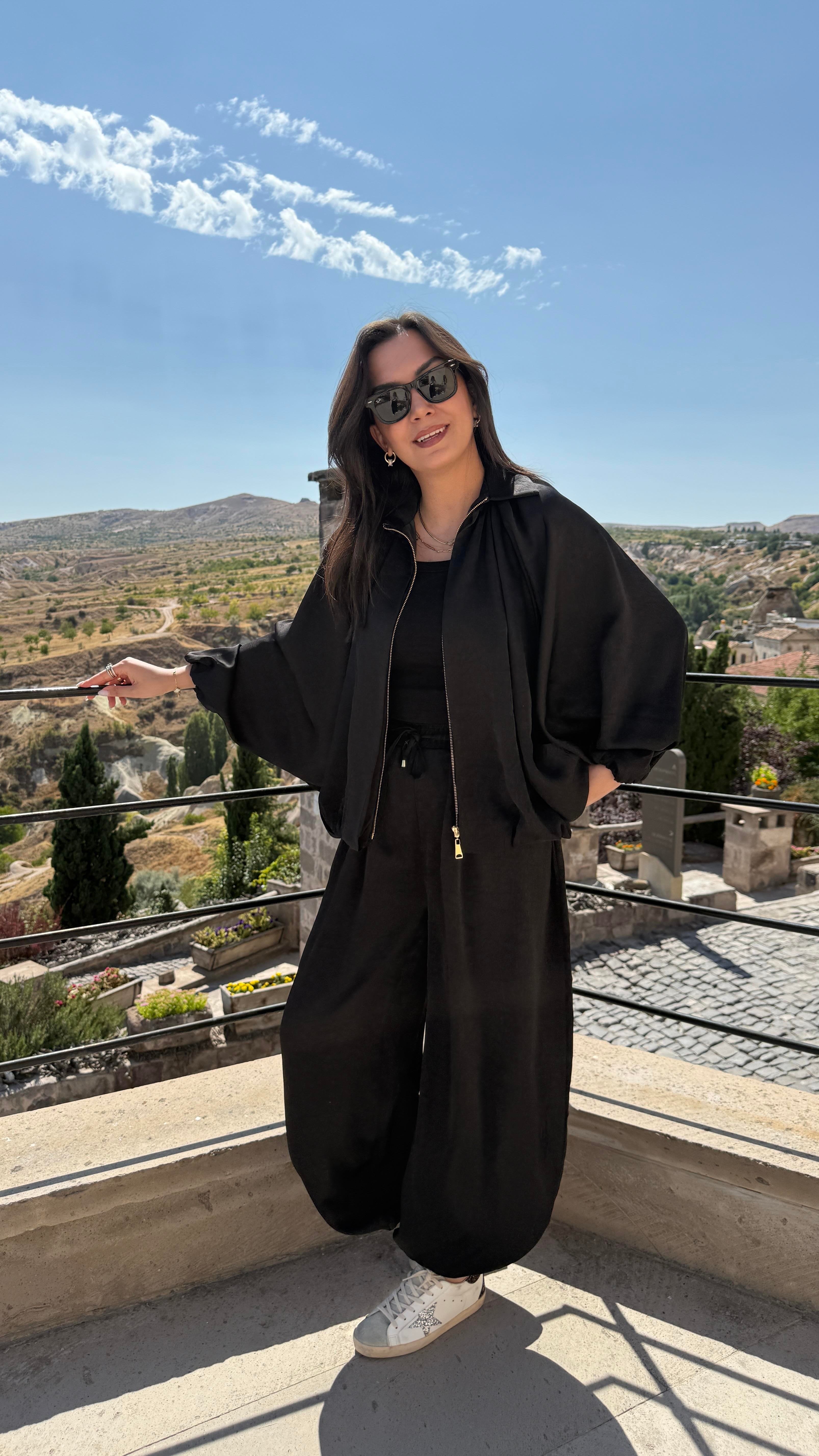 Saten Bomber Ceket Takım - Siyah 