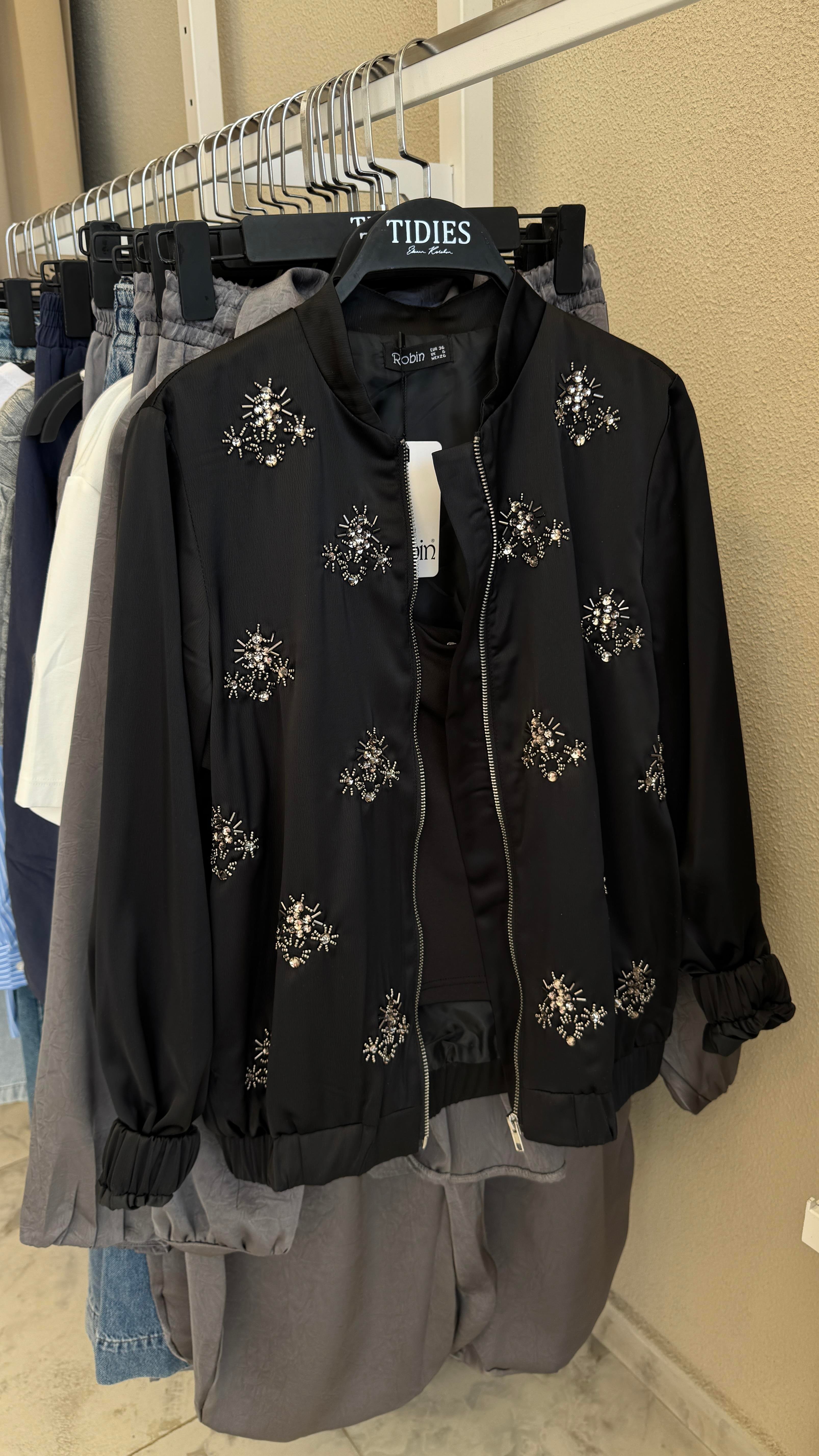 Saten Taşlı Bomber Ceket -Siyah 