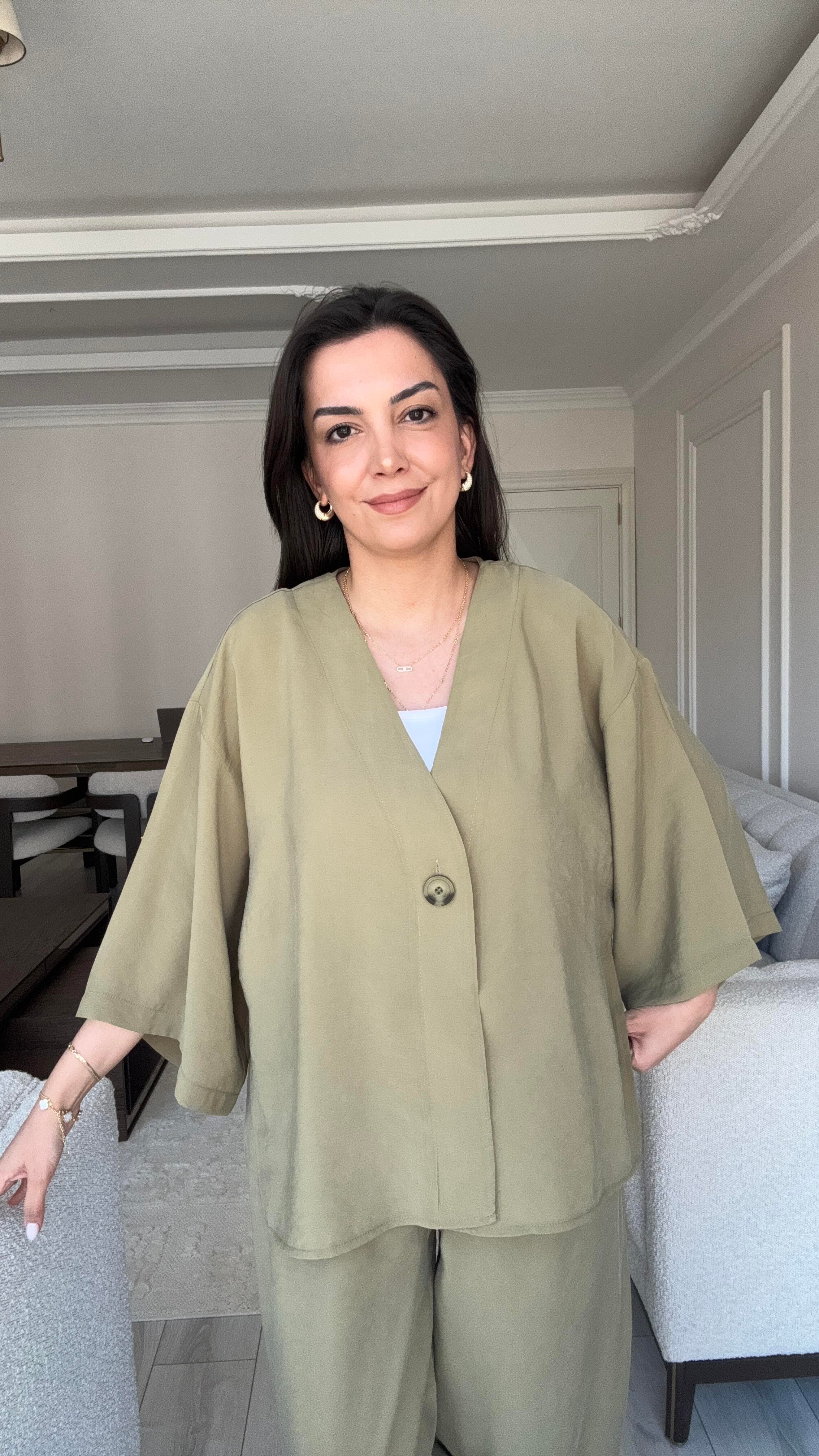 Tek Düğmeli Oversize Takım - Haki