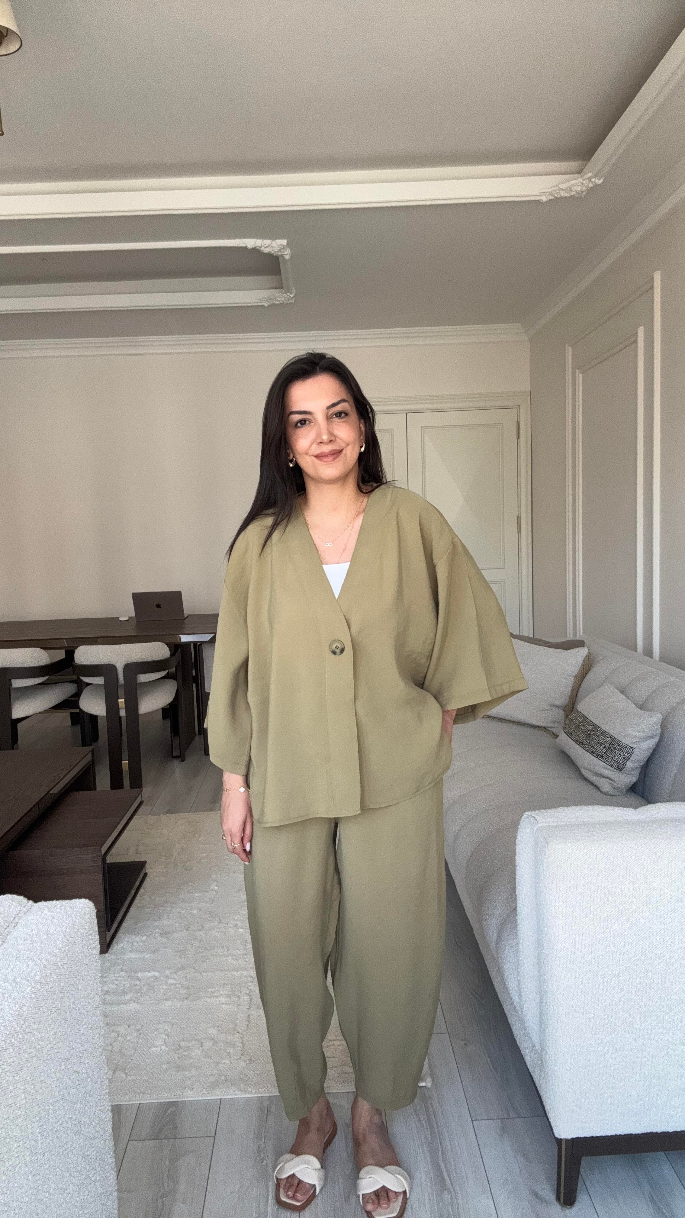 Tek Düğmeli Oversize Takım - Haki