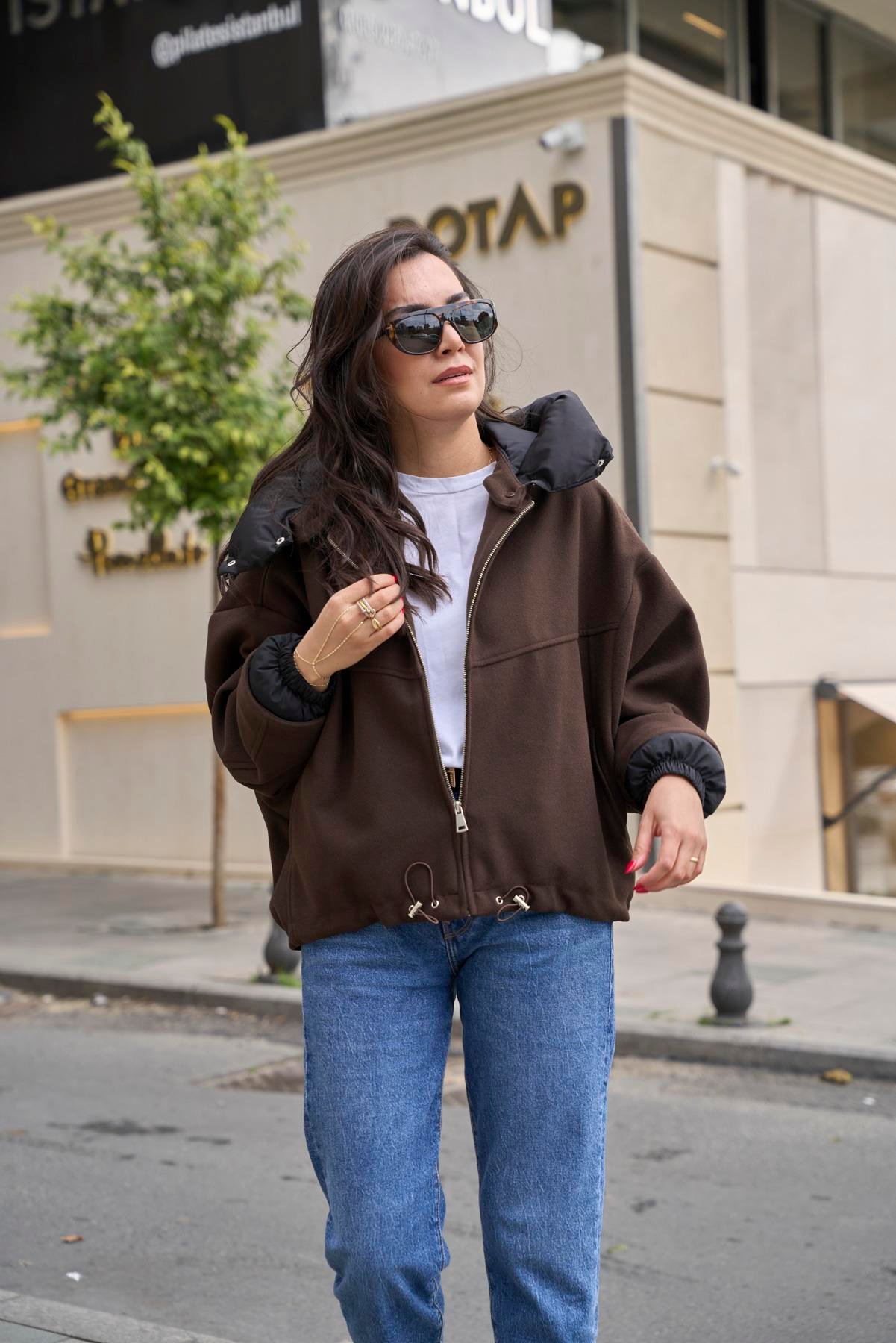 Yakası Şişme Bomber Mont - Kahve 