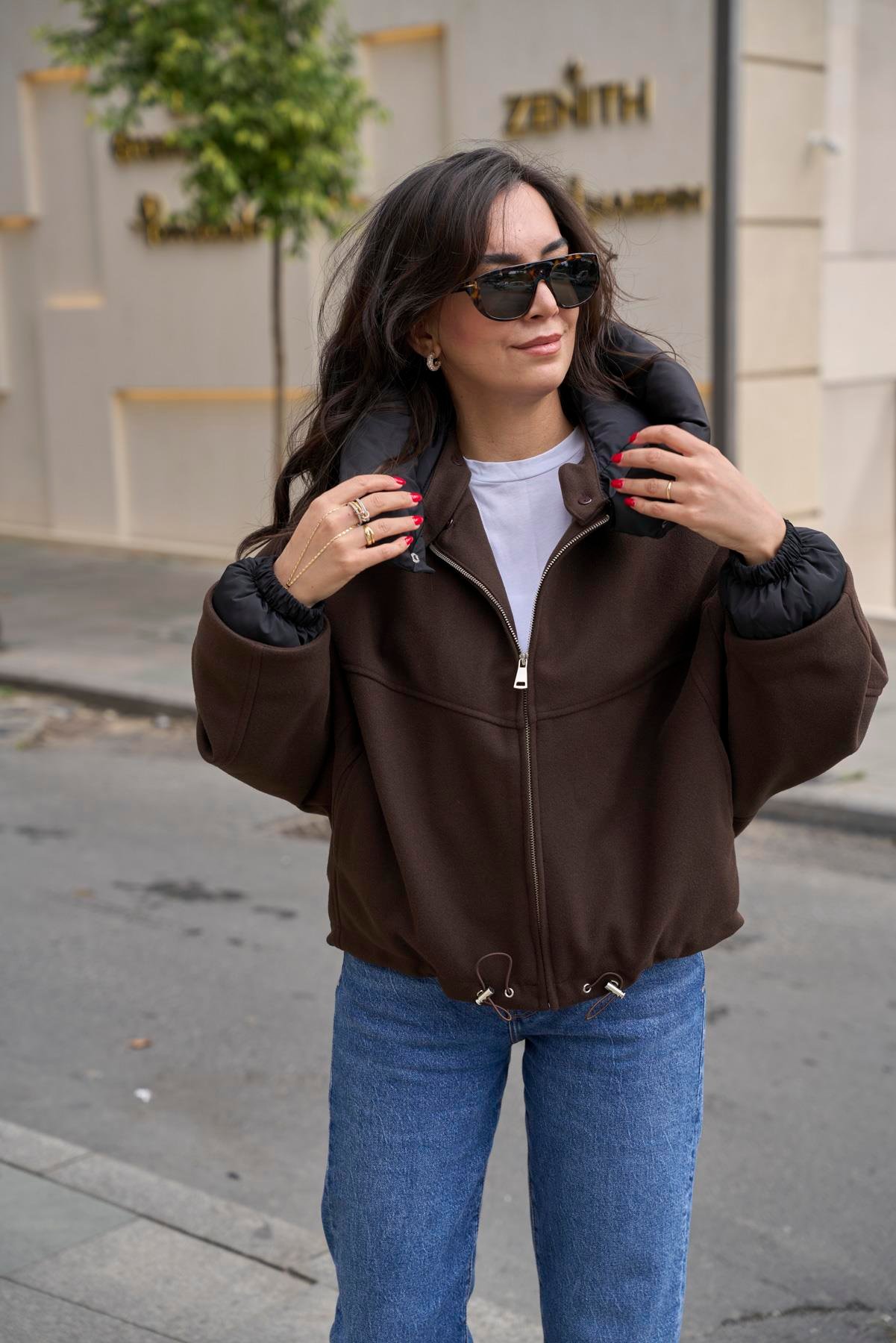 Yakası Şişme Bomber Mont - Kahve 