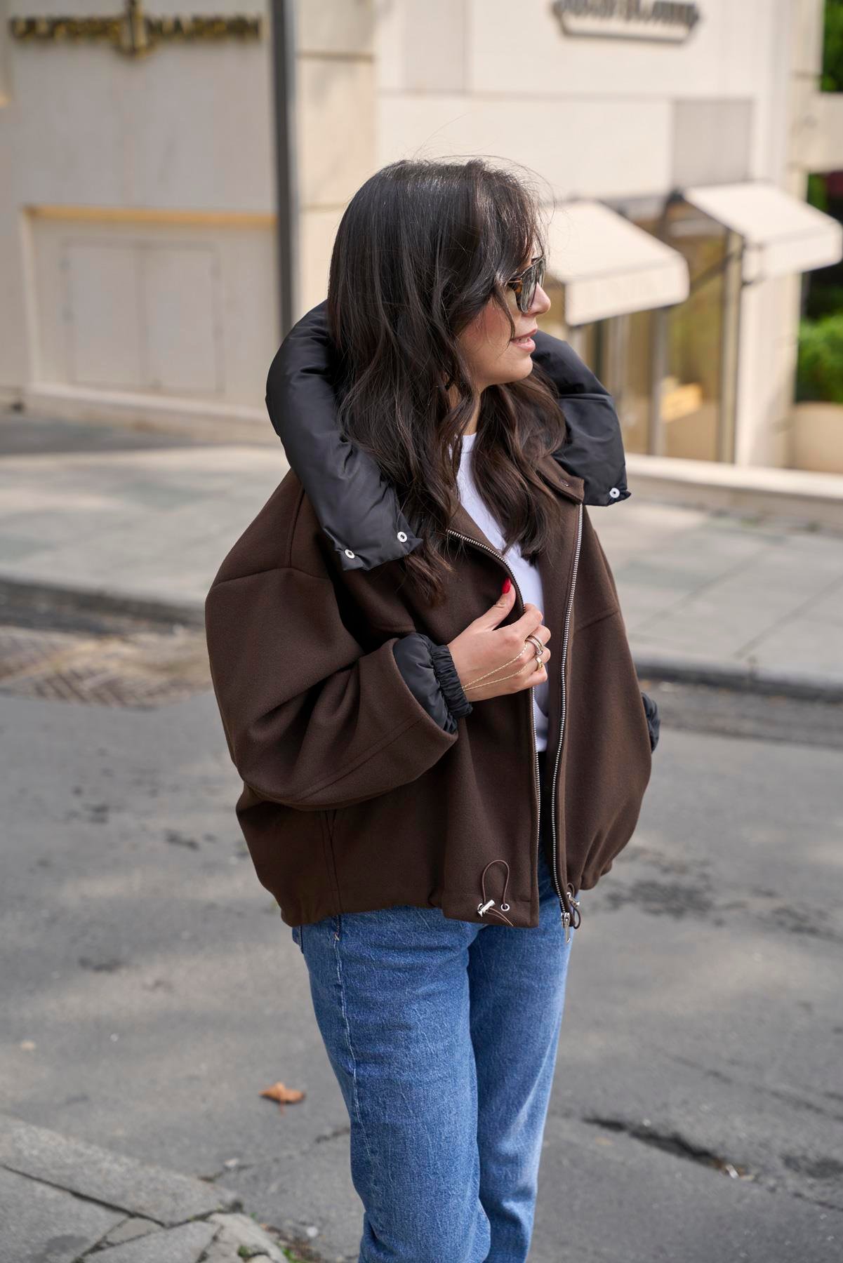 Yakası Şişme Bomber Mont - Kahve 