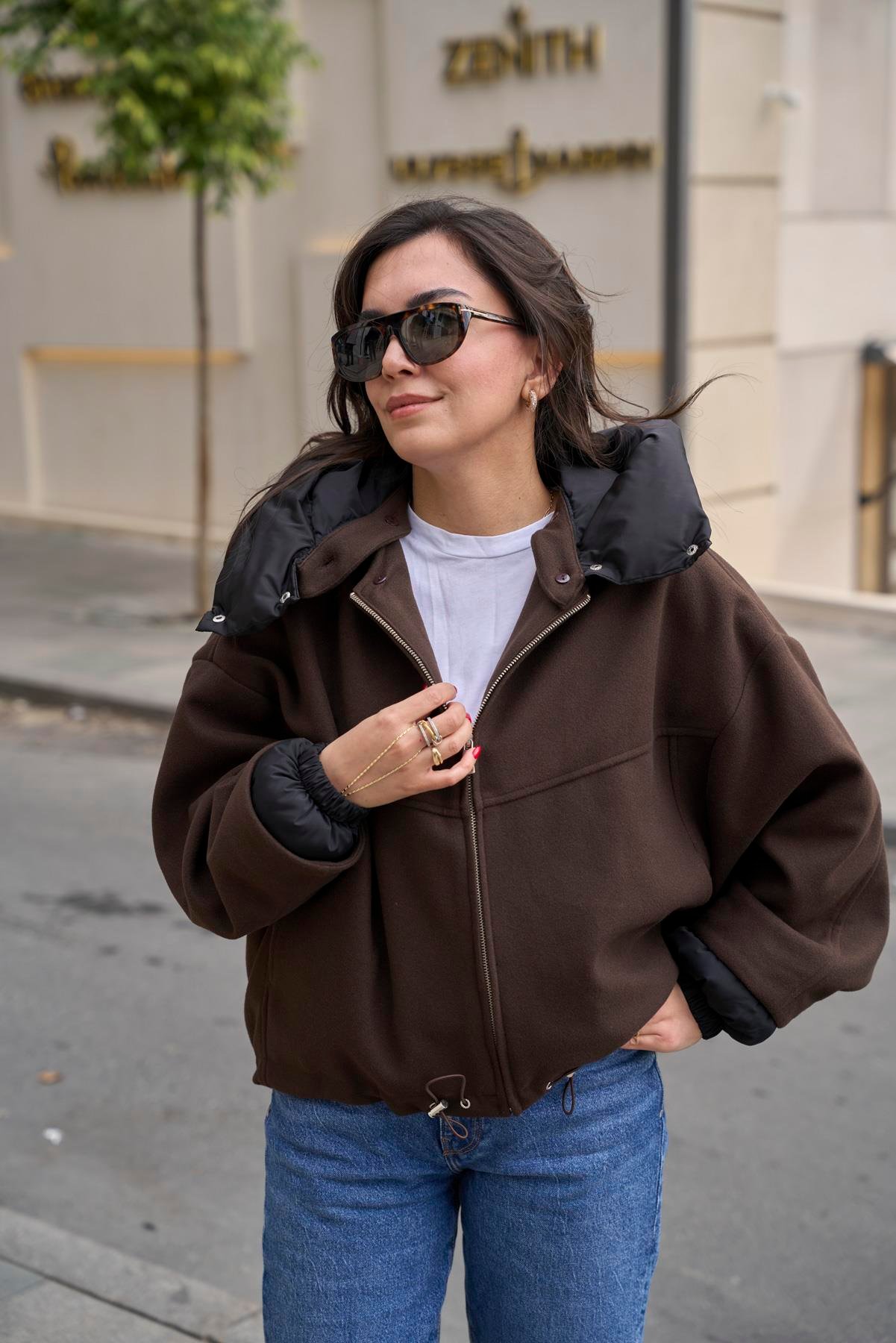 Yakası Şişme Bomber Mont - Kahve 