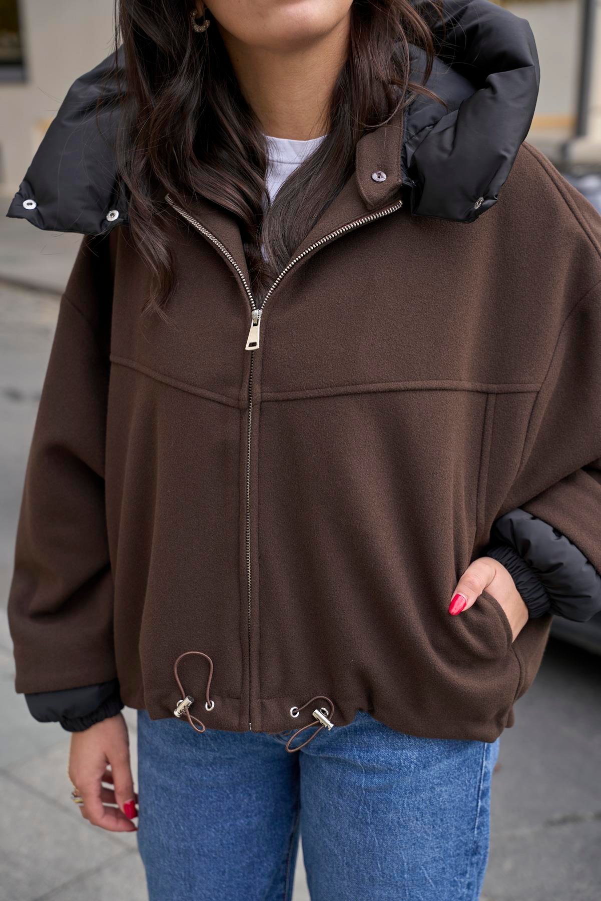 Yakası Şişme Bomber Mont - Kahve 