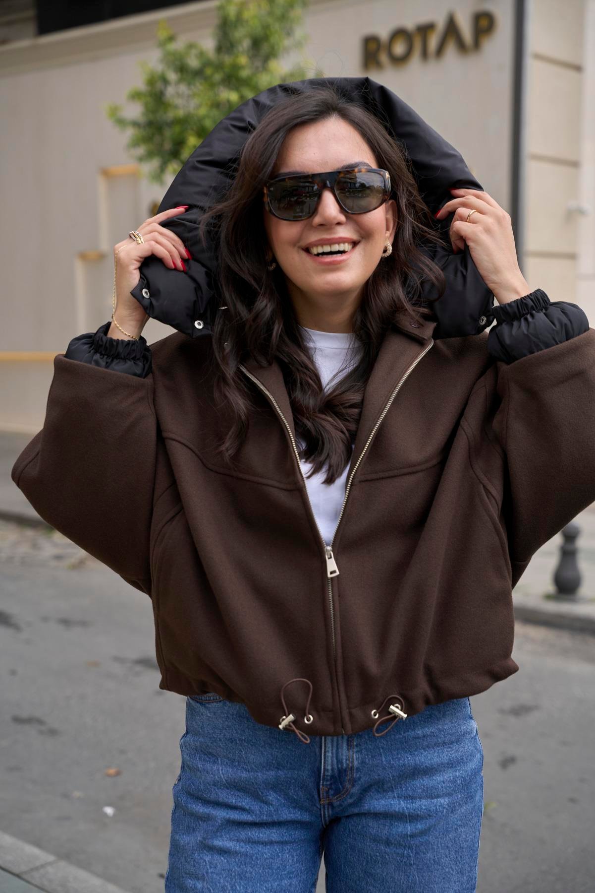 Yakası Şişme Bomber Mont - Kahve 