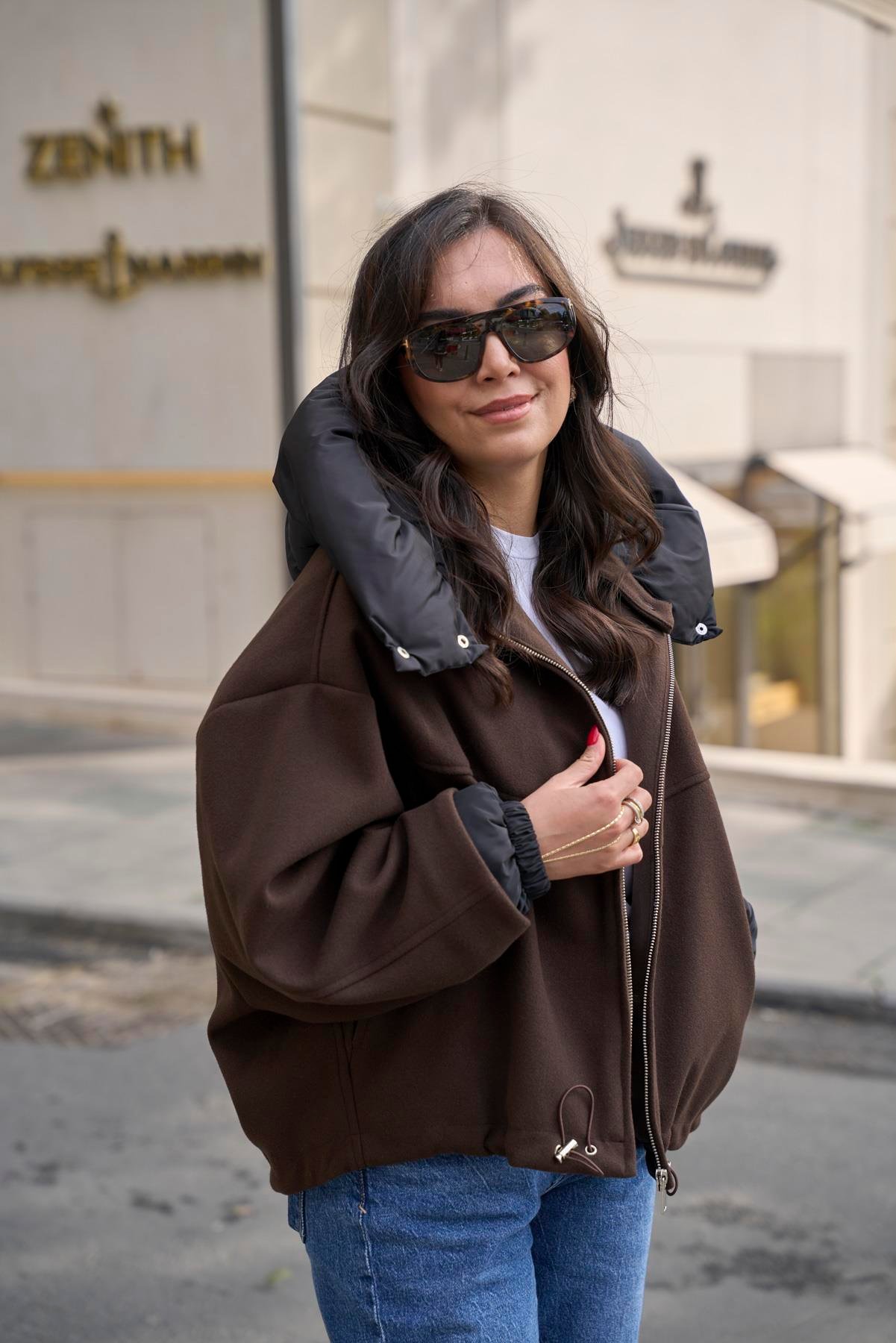 Yakası Şişme Bomber Mont - Kahve 