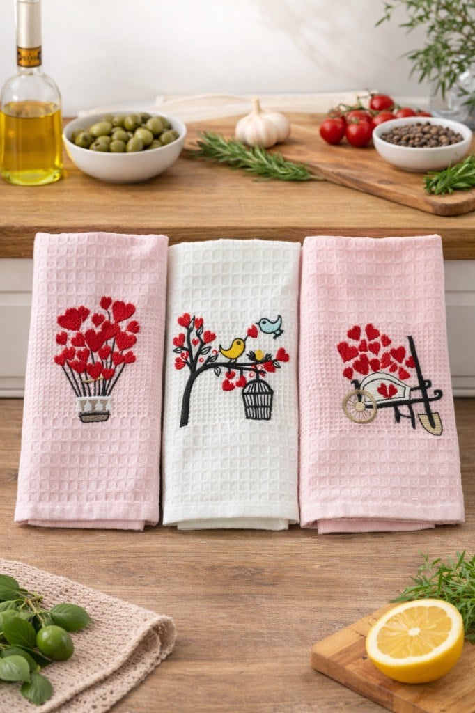 3’lü Nakışlı Waffle Mutfak Havlusu 40x60 cm – Süper Emici & Yumuşak