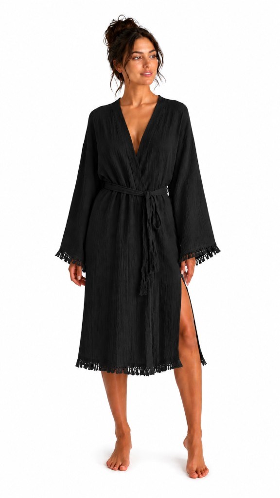 Bohemia Müslin Kimono Bornoz – Püskül Detaylı Yırtmaçlı Spa & Plaj Kimonosu