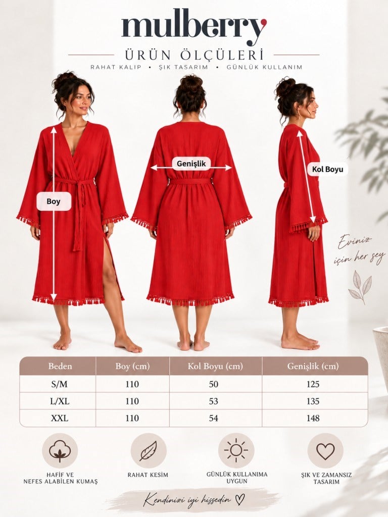 Bohemia Müslin Kimono Bornoz – Püskül Detaylı Yırtmaçlı Spa & Plaj Kimonosu