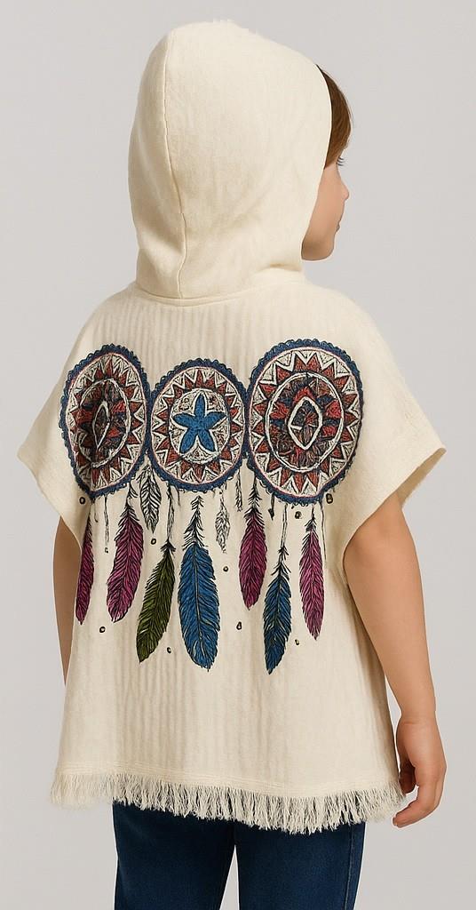 Çocuk Kapüşonlu Ponço – Dreamcatcher Nakışlı, Renkli Tüy Desenli, Bohem Tarz