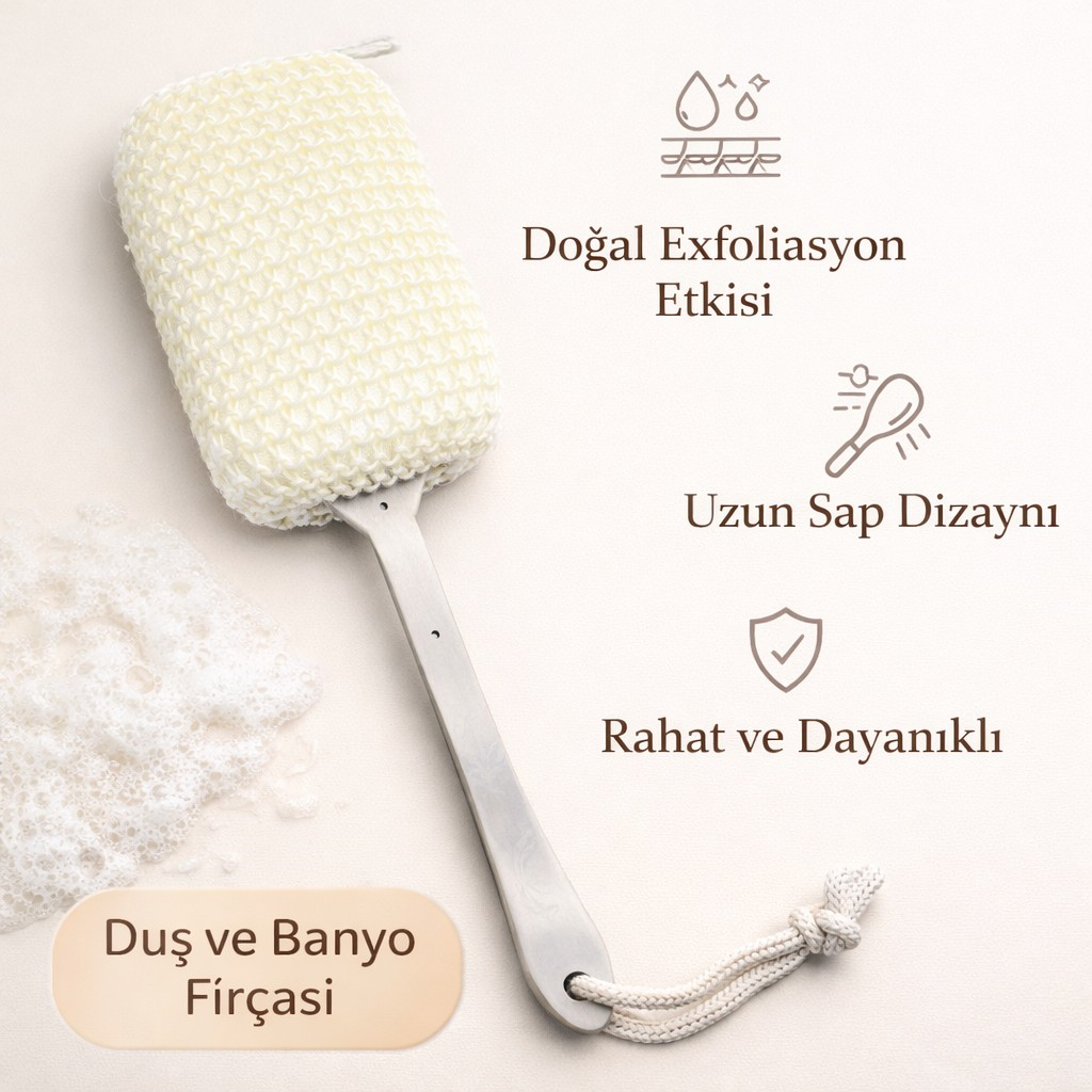 Doğal Banyo Fırçası Uzun Saplı | Sırt Temizleme & Peeling Etkili Duş Lifi | Dayanıklı ve Ergonomik Tasarım