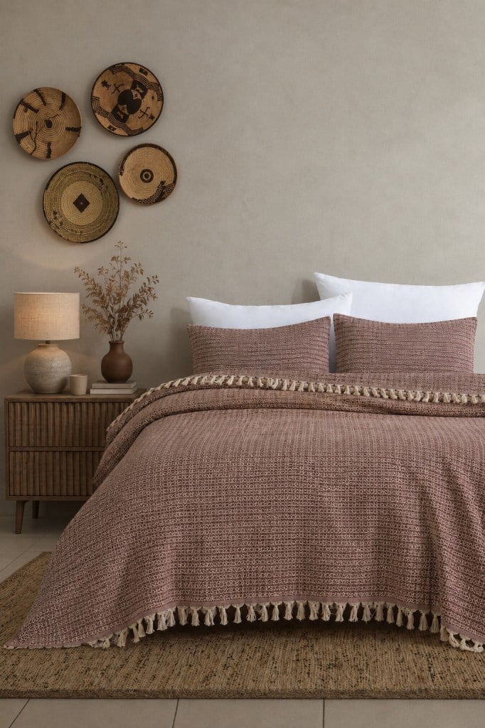 King Size Dokuma Pike Takımı 240x260 cm 2 Yastık Kılıflı Saçak Detaylı Örtü Seti