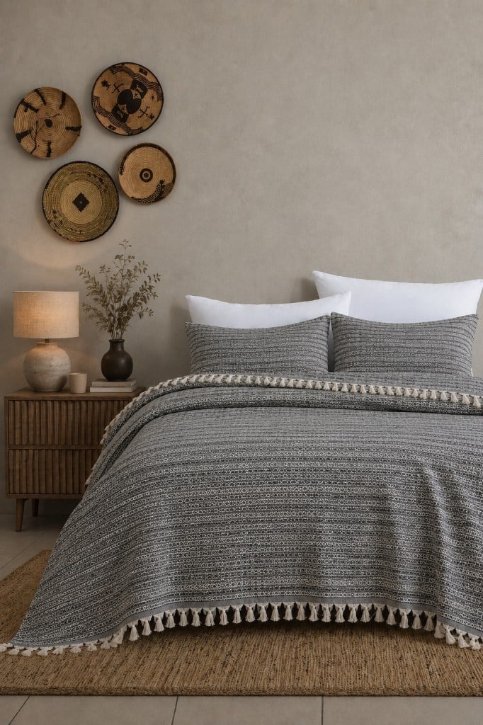 King Size Dokuma Pike Takımı 240x260 cm 2 Yastık Kılıflı Saçak Detaylı Örtü Seti