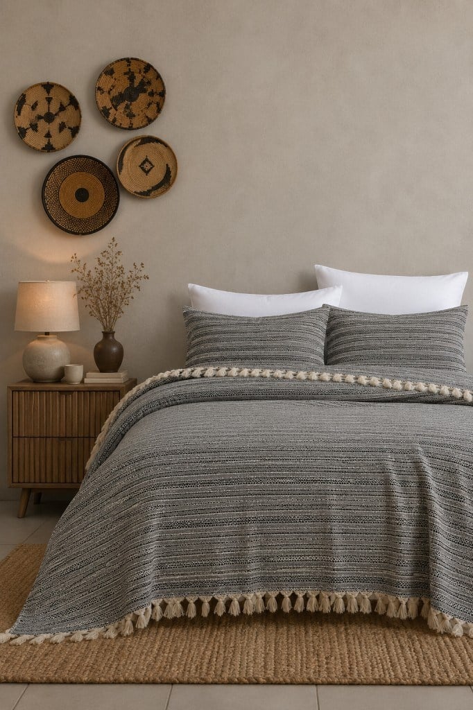 King Size Dokuma Pike Takımı 240x260 cm 2 Yastık Kılıflı Saçak Detaylı Örtü Seti