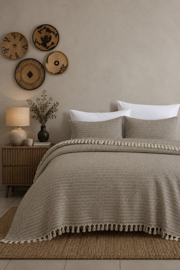 King Size Dokuma Pike Takımı 240x260 cm 2 Yastık Kılıflı Saçak Detaylı Örtü Seti