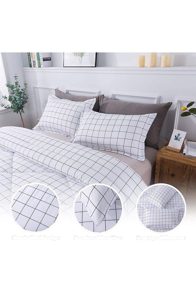 Plaid Nevresim Takımı Çift Kişilik 200x220 - Beyaz