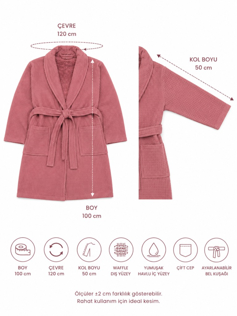 Rose Waffle Premium Bornoz – Yumuşak Havlu İç Yüzeyli, Şal Yakalı, Cepli Kadın Bornozu Standart