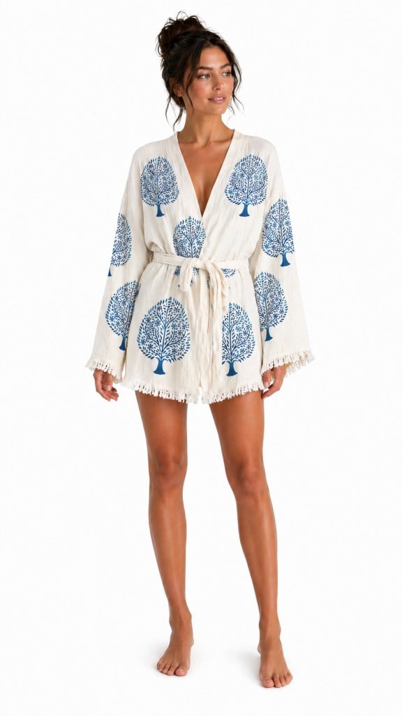Sedna Kadın Ekru Müslin Kimono Bornoz – Kuşaklı, Püskül Detaylı, Oversize Rahat Kesim Plaj & Ev Giyim