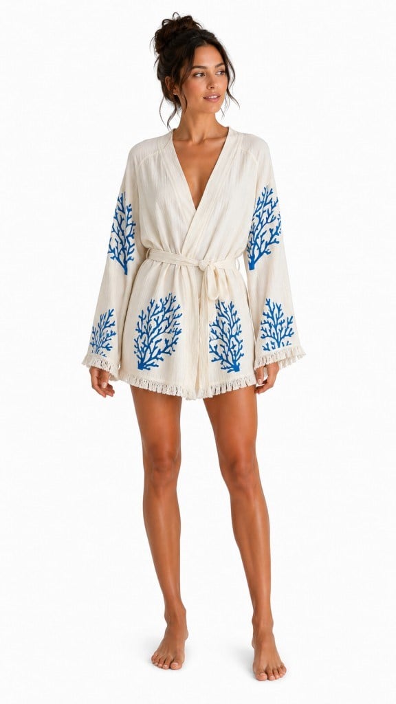 Sedna Kadın Ekru Müslin Kimono Bornoz – Kuşaklı, Püskül Detaylı, Oversize Rahat Kesim Plaj & Ev Giyim