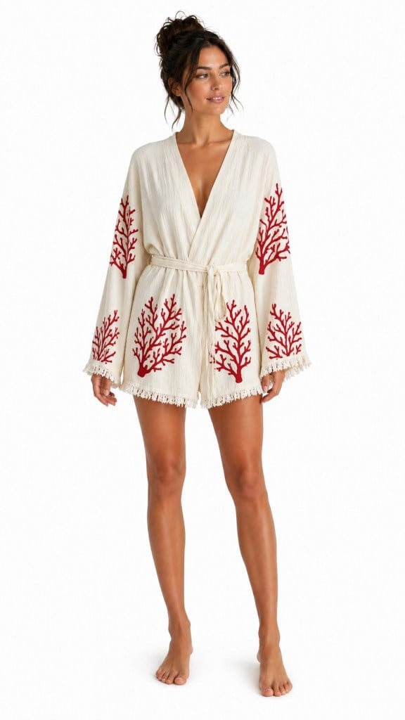 Sedna Kadın Ekru Müslin Kimono Bornoz – Kuşaklı, Püskül Detaylı, Oversize Rahat Kesim Plaj & Ev Giyim