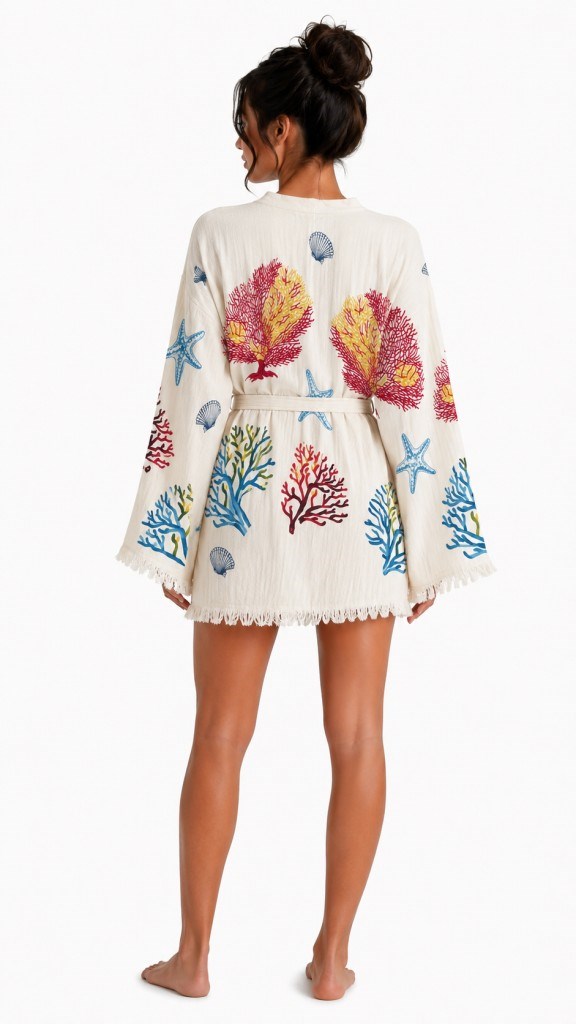 Sedna Kadın Ekru Müslin Kimono Bornoz – Kuşaklı, Püskül Detaylı, Oversize Rahat Kesim Plaj & Ev Giyim