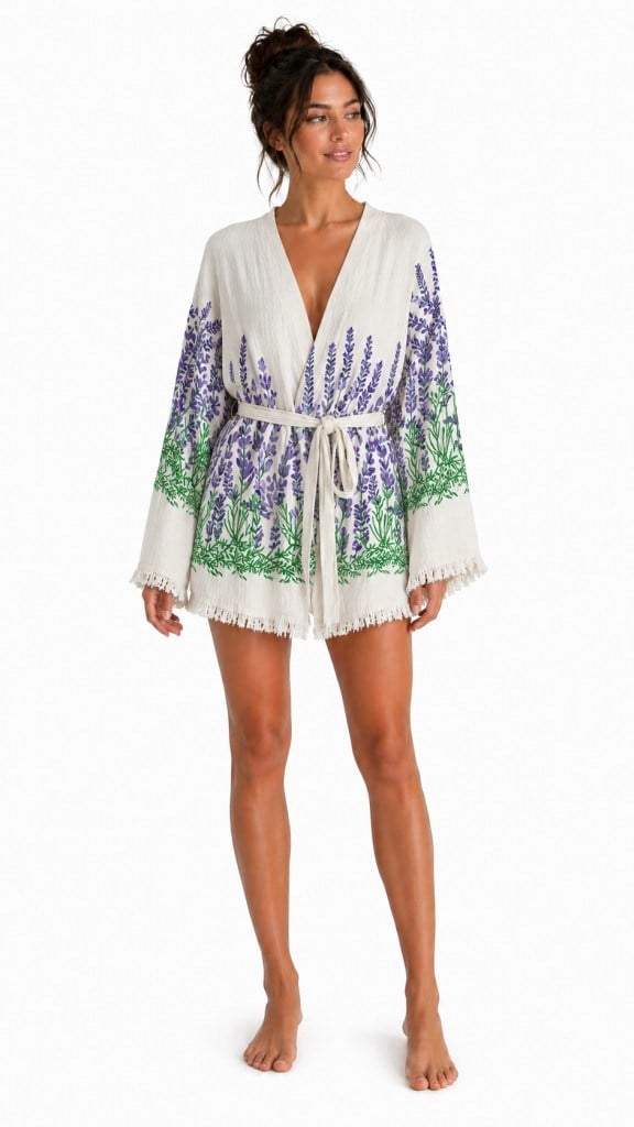 Sedna Kadın Ekru Müslin Kimono Bornoz – Kuşaklı, Püskül Detaylı, Oversize Rahat Kesim Plaj & Ev Giyim